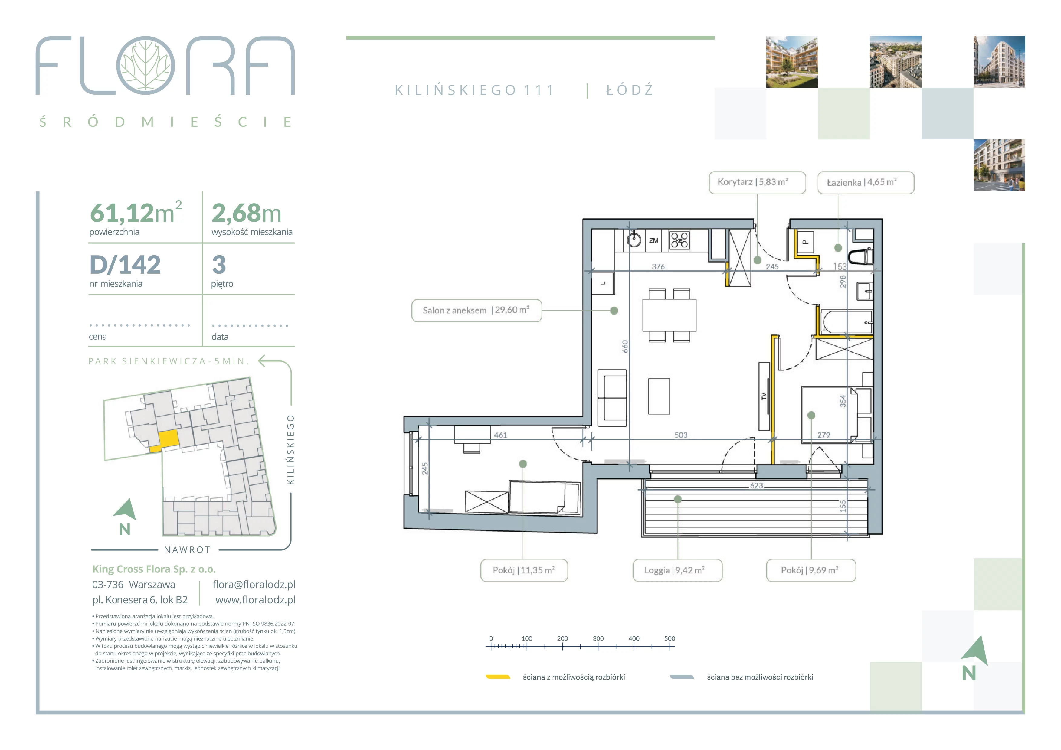 3 pokoje, mieszkanie 61,12 m², piętro 3, oferta nr 142, Flora Śródmieście, Łódź, Śródmieście, ul. płk. Jana Kilińskiego 111