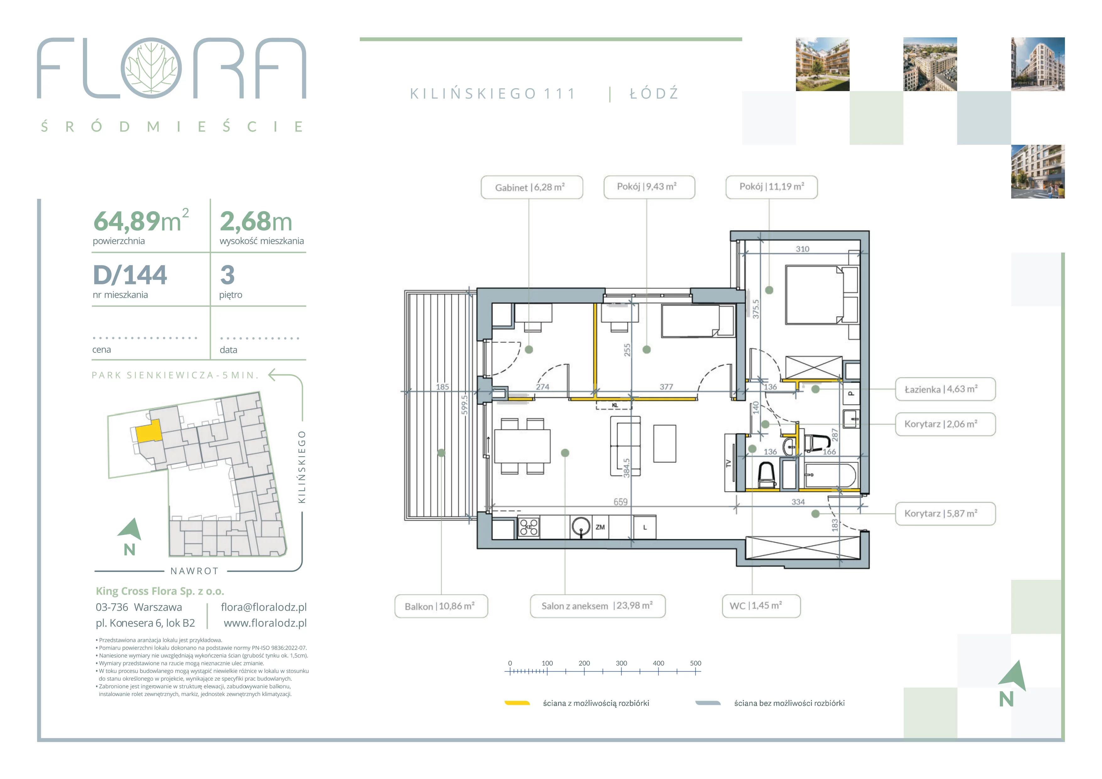 3 pokoje, mieszkanie 64,89 m², piętro 3, oferta nr 144, Flora Śródmieście, Łódź, Śródmieście, ul. płk. Jana Kilińskiego 111