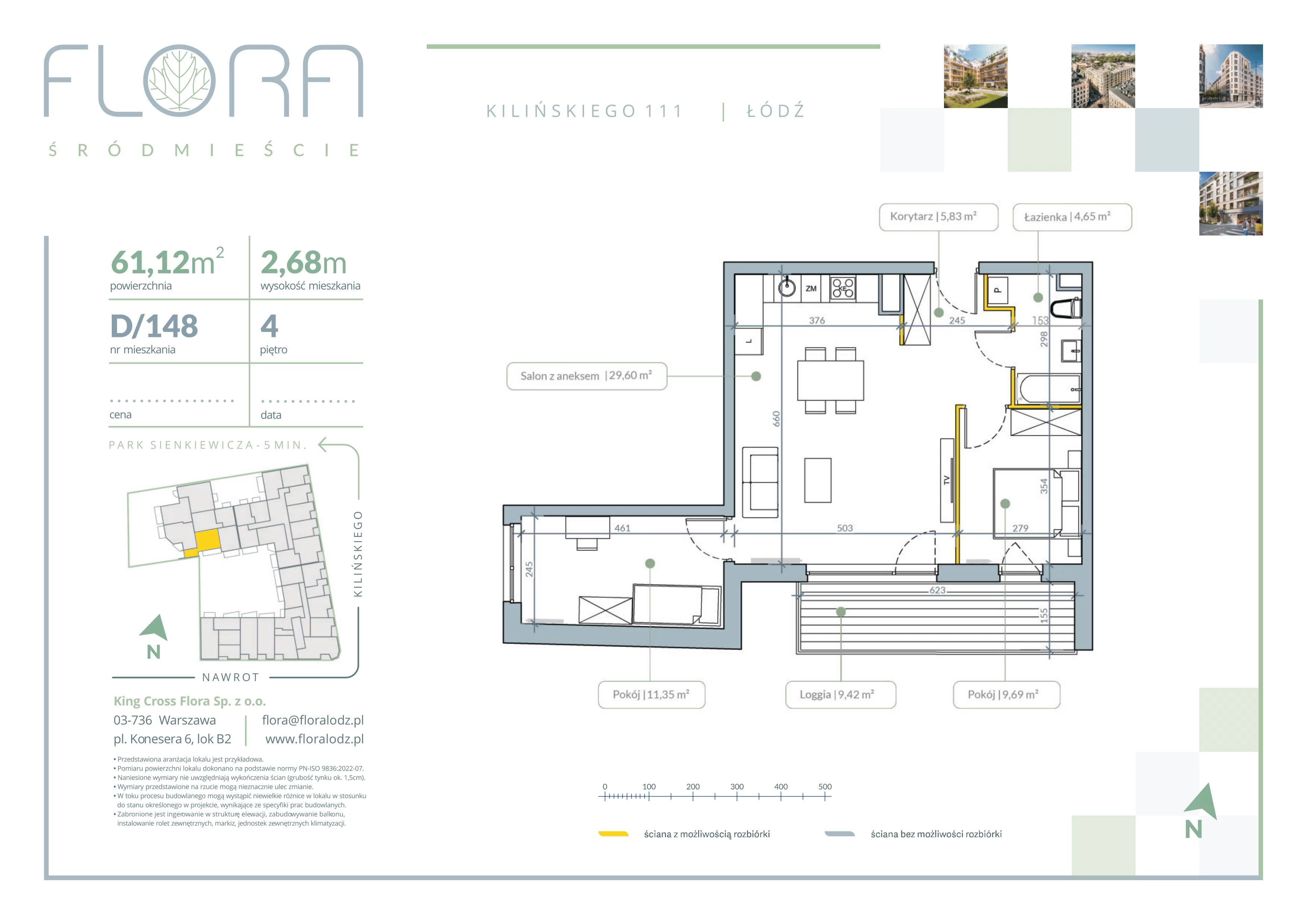 3 pokoje, mieszkanie 61,12 m², piętro 4, oferta nr 148, Flora Śródmieście, Łódź, Śródmieście, ul. płk. Jana Kilińskiego 111