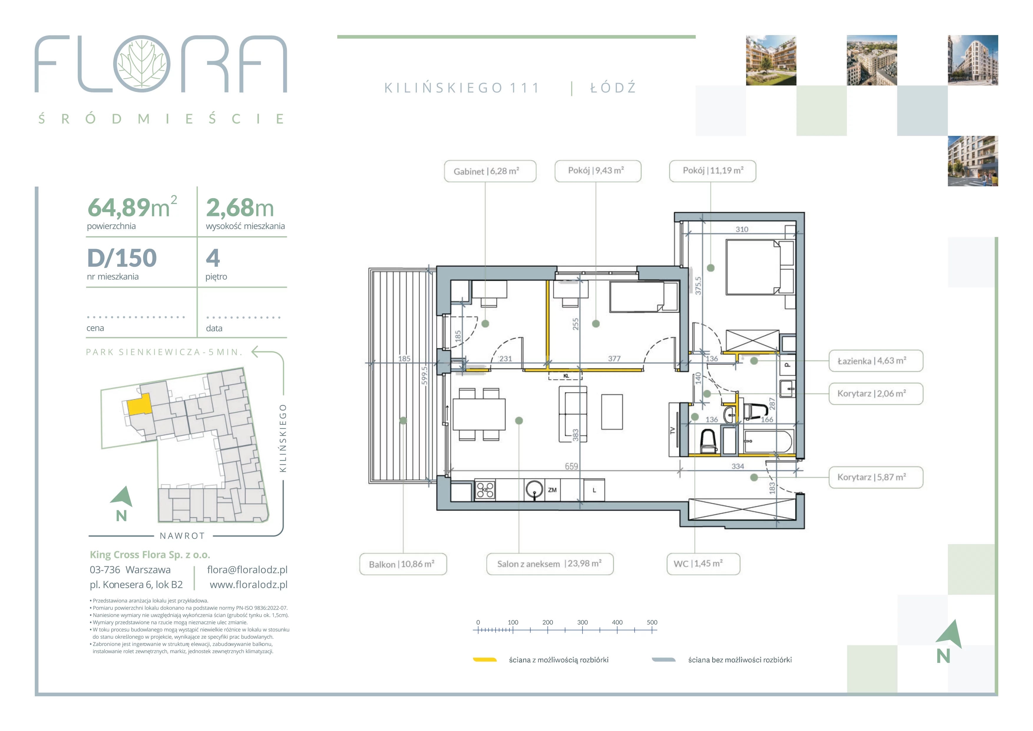 3 pokoje, mieszkanie 64,89 m², piętro 4, oferta nr 150, Flora Śródmieście, Łódź, Śródmieście, ul. płk. Jana Kilińskiego 111