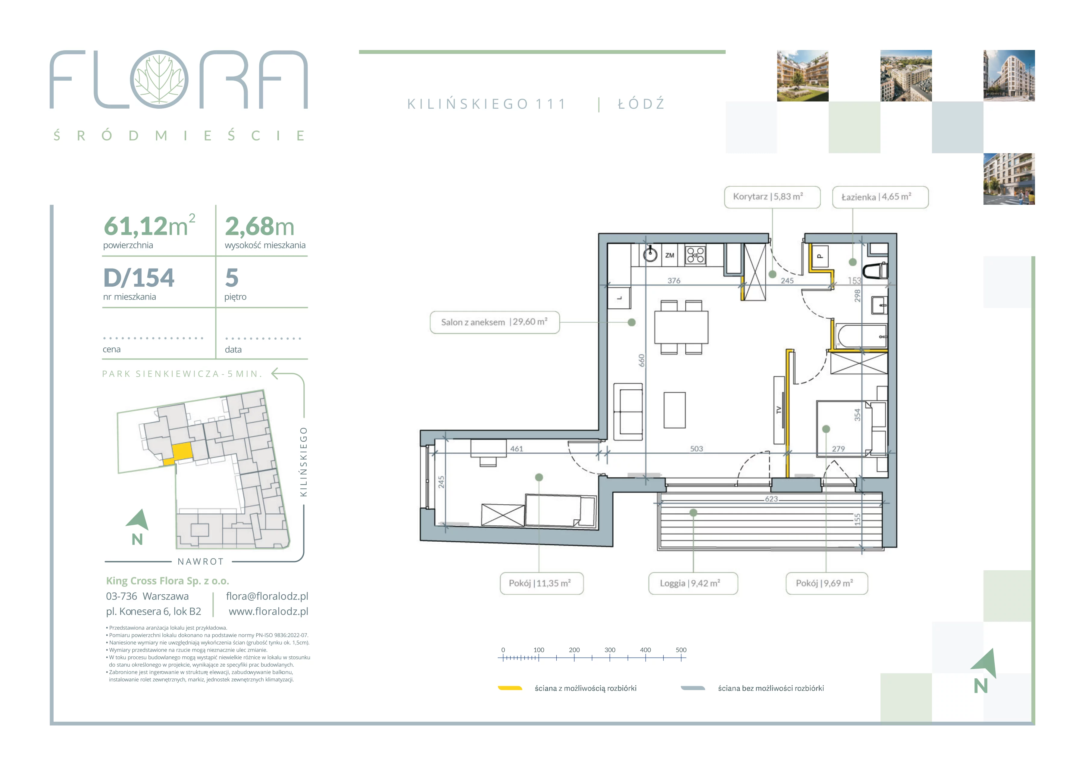 3 pokoje, mieszkanie 61,12 m², piętro 5, oferta nr 154, Flora Śródmieście, Łódź, Śródmieście, ul. płk. Jana Kilińskiego 111