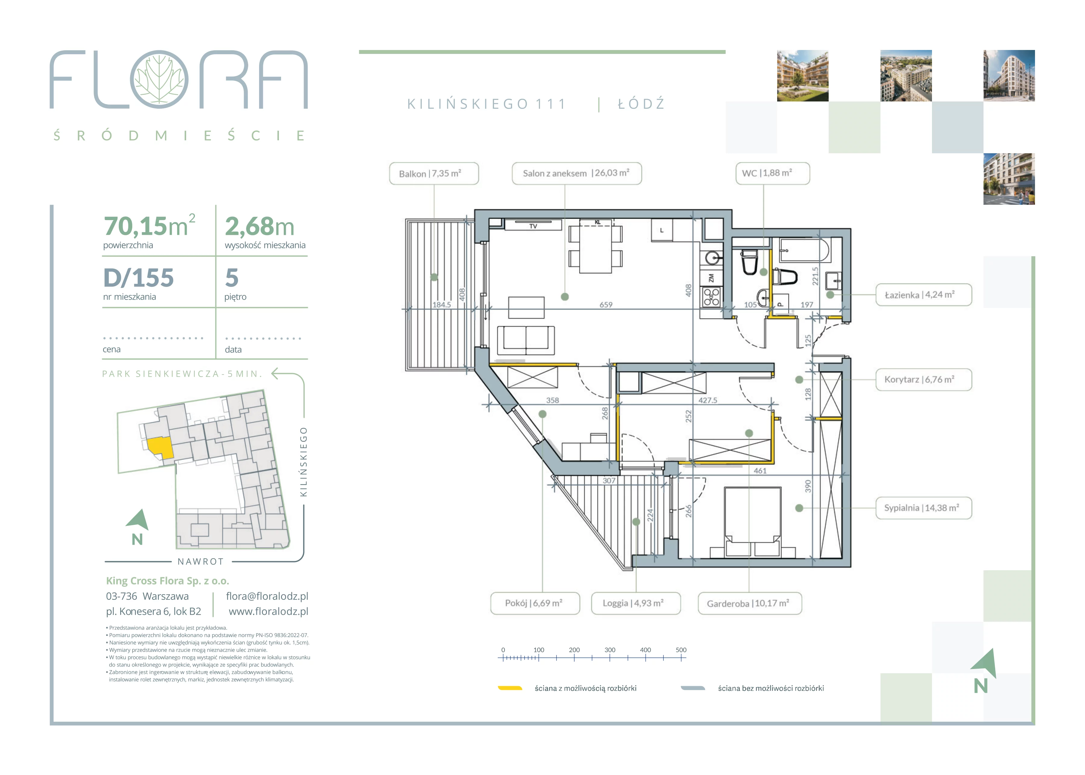 3 pokoje, mieszkanie 70,15 m², piętro 5, oferta nr 155, Flora Śródmieście, Łódź, Śródmieście, ul. płk. Jana Kilińskiego 111