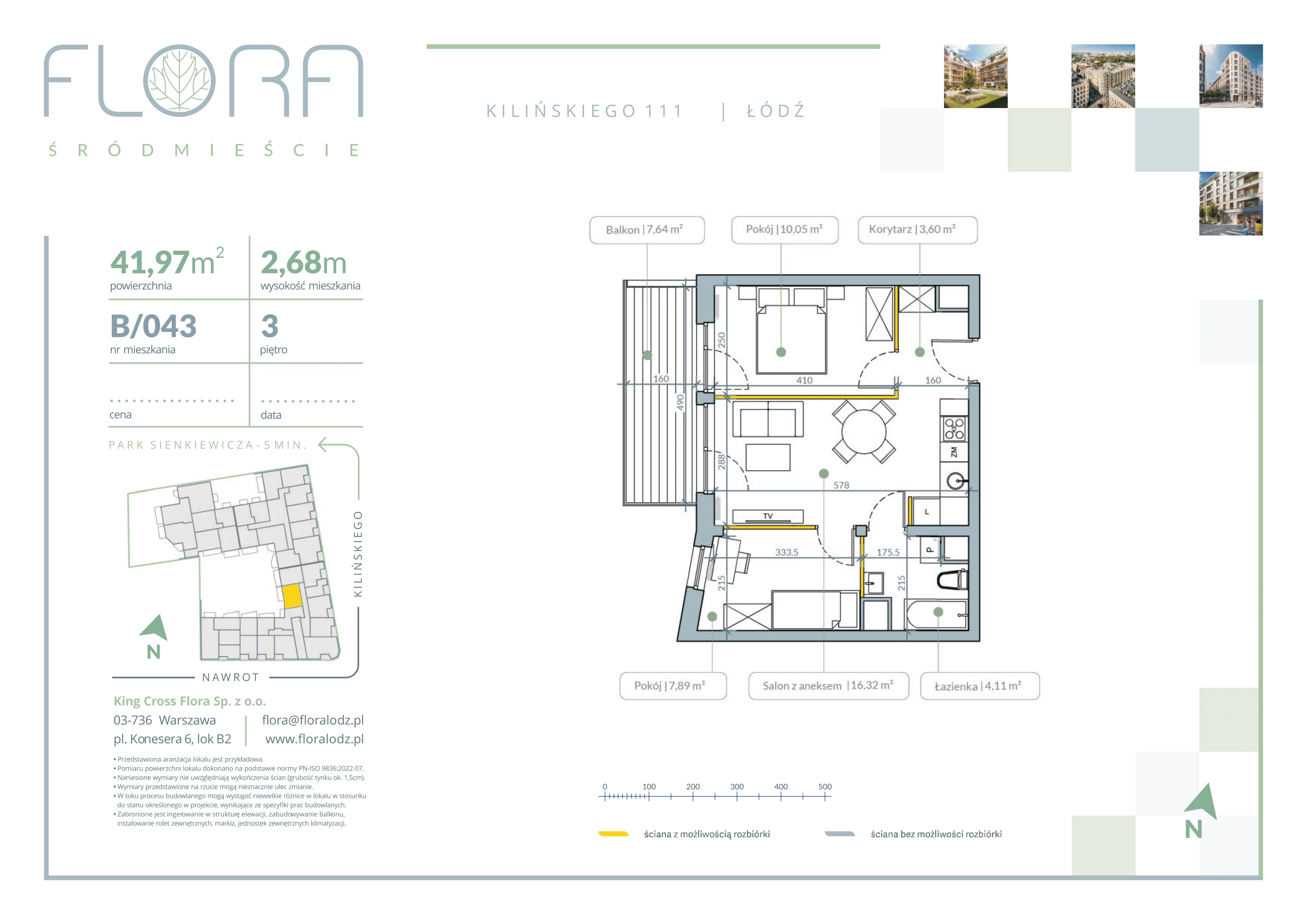 3 pokoje, mieszkanie 41,97 m², piętro 3, oferta nr 43, Flora Śródmieście, Łódź, Śródmieście, ul. płk. Jana Kilińskiego 111