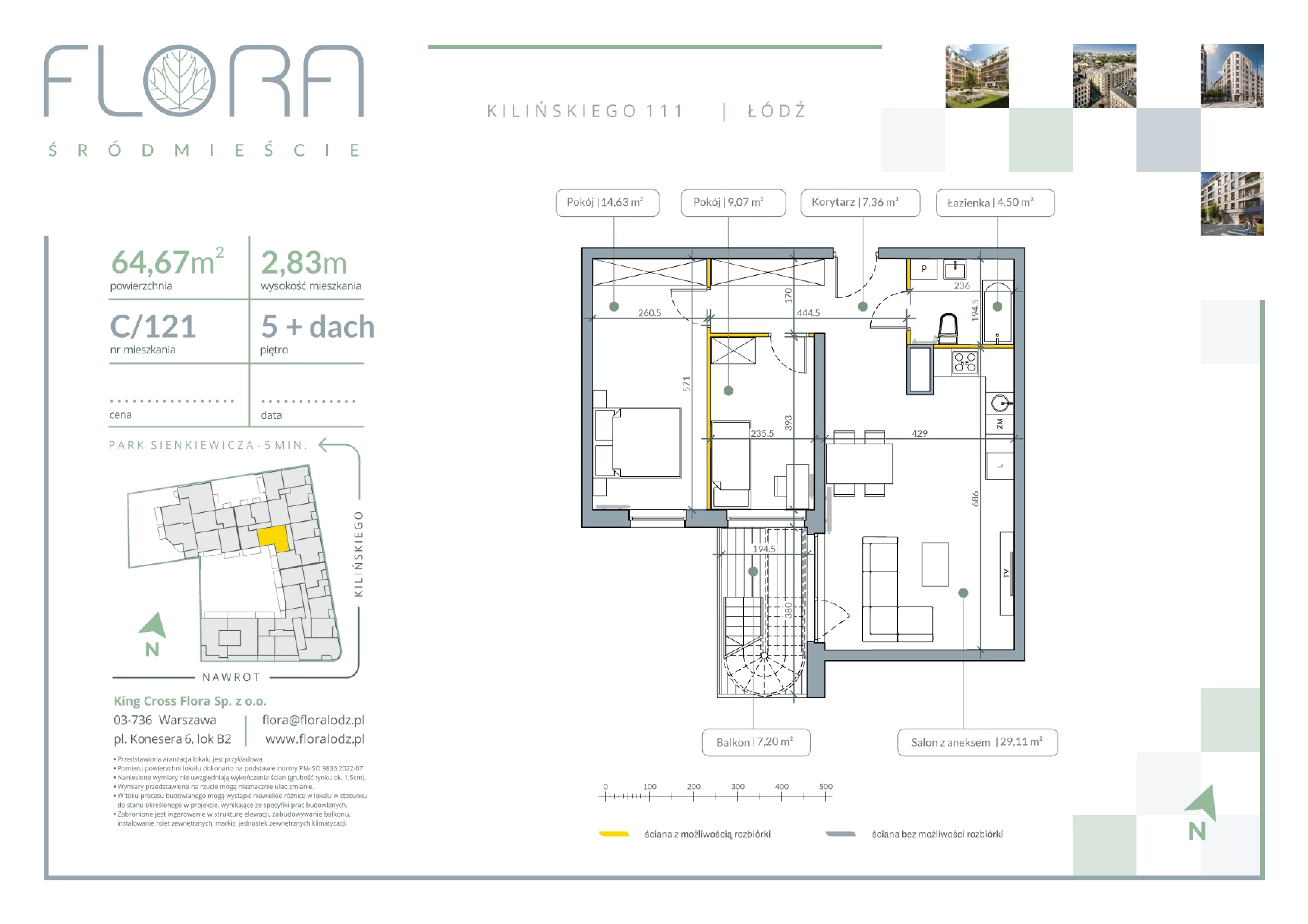3 pokoje, mieszkanie 64,67 m², piętro 5, oferta nr 121, Flora Śródmieście, Łódź, Śródmieście, ul. płk. Jana Kilińskiego 111