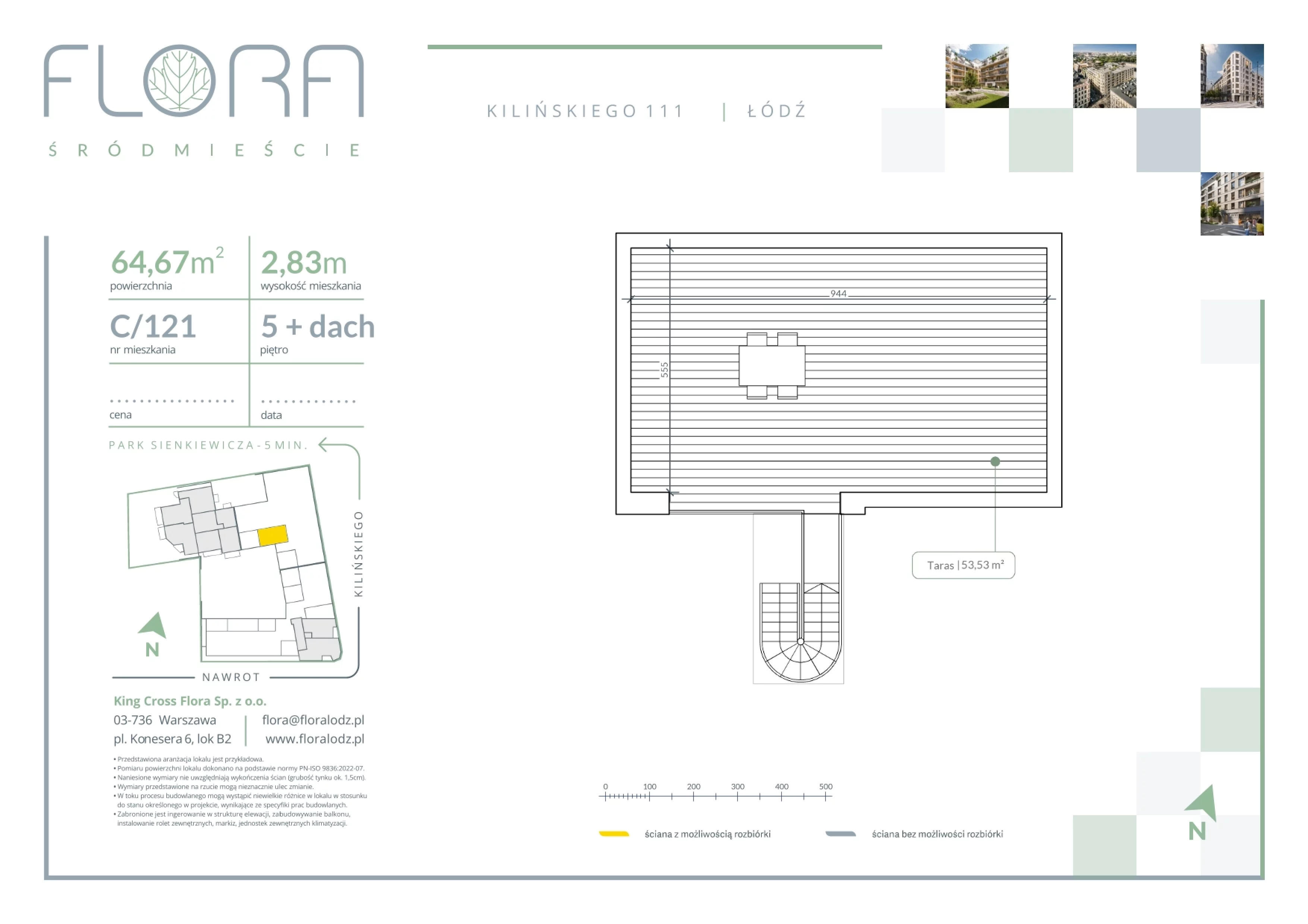 3 pokoje, mieszkanie 64,67 m², piętro 5, oferta nr 121, Flora Śródmieście, Łódź, Śródmieście, ul. płk. Jana Kilińskiego 111