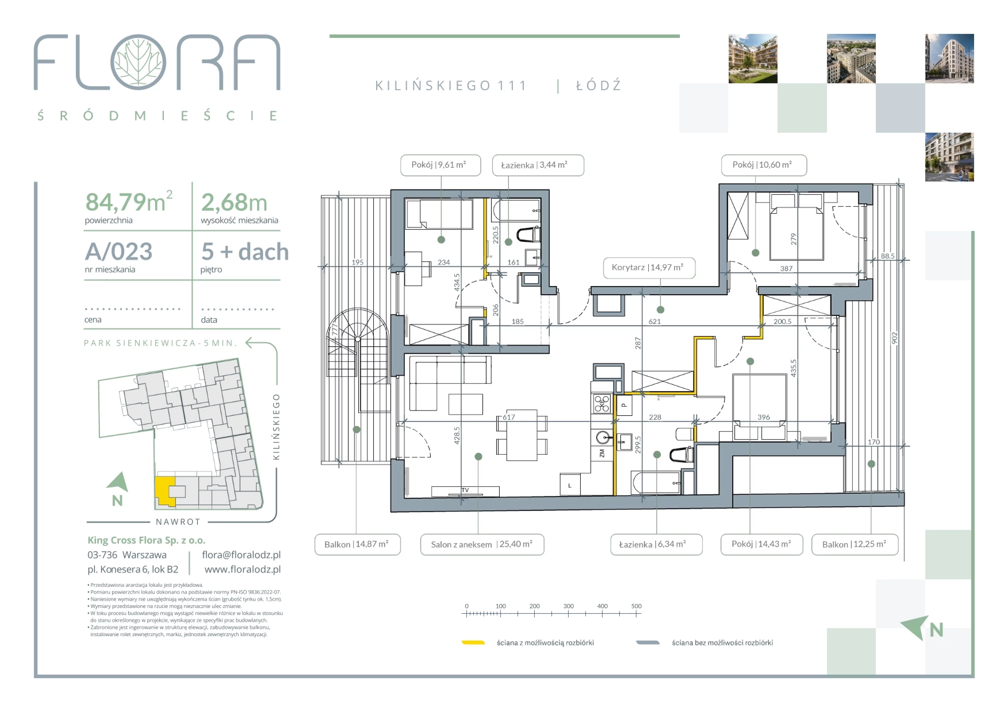 4 pokoje, mieszkanie 84,79 m², piętro 5, oferta nr 23, Flora Śródmieście, Łódź, Śródmieście, ul. płk. Jana Kilińskiego 111