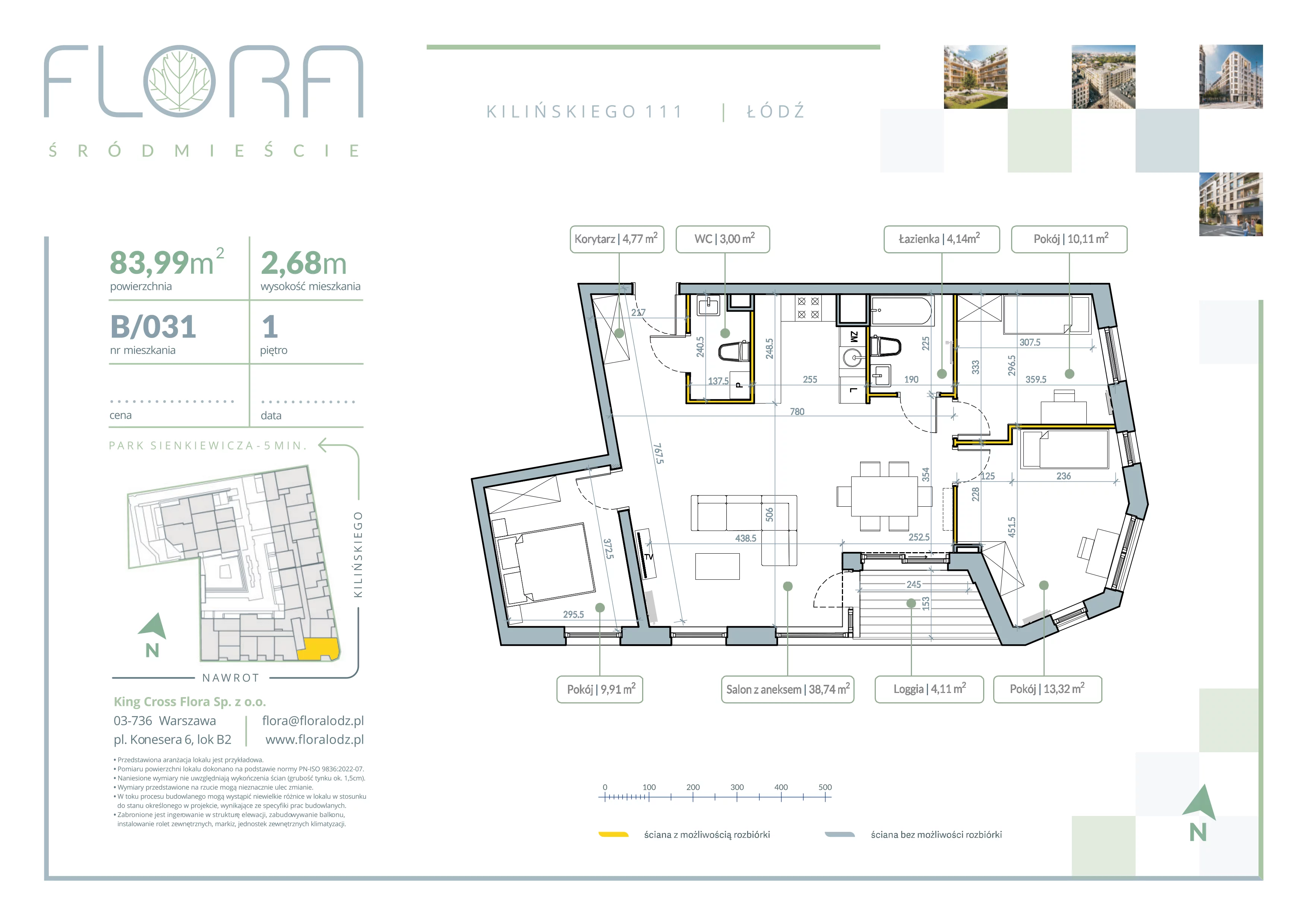4 pokoje, mieszkanie 83,99 m², piętro 1, oferta nr 31, Flora Śródmieście, Łódź, Śródmieście, ul. płk. Jana Kilińskiego 111