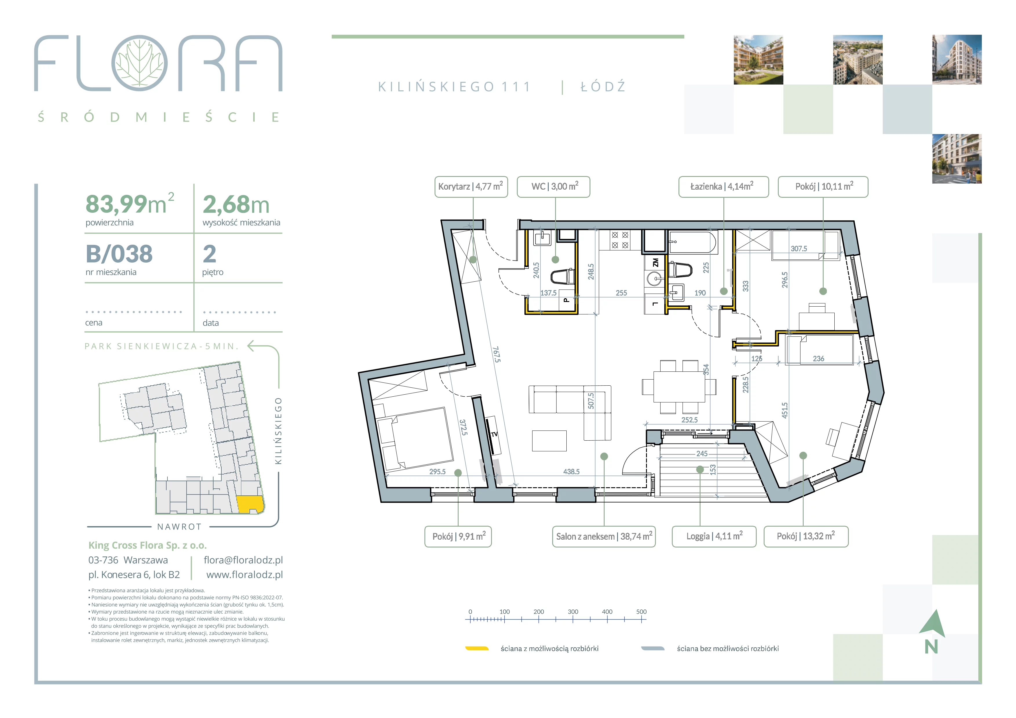 4 pokoje, mieszkanie 83,99 m², piętro 2, oferta nr 38, Flora Śródmieście, Łódź, Śródmieście, ul. płk. Jana Kilińskiego 111