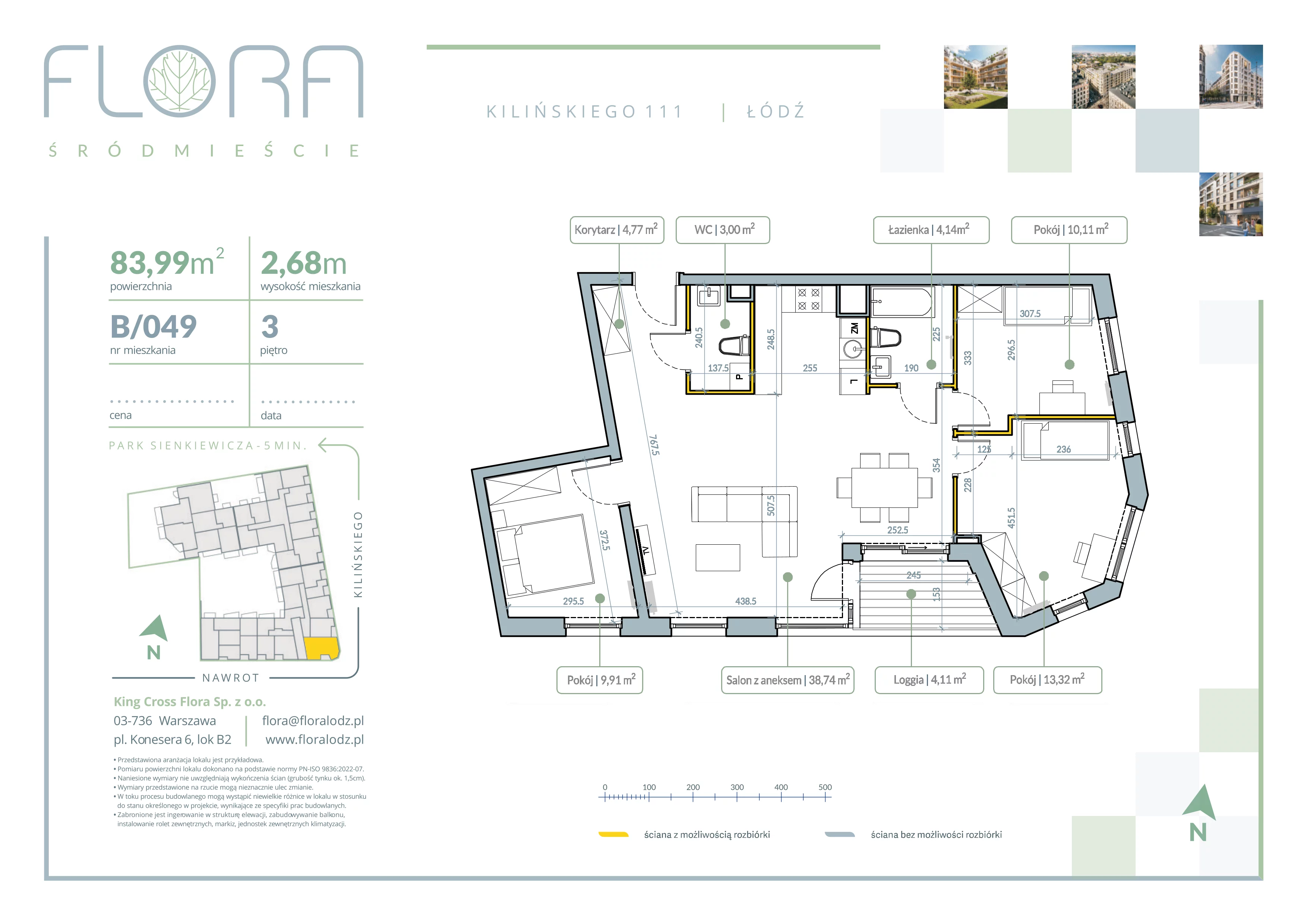 4 pokoje, mieszkanie 83,99 m², piętro 3, oferta nr 49, Flora Śródmieście, Łódź, Śródmieście, ul. płk. Jana Kilińskiego 111
