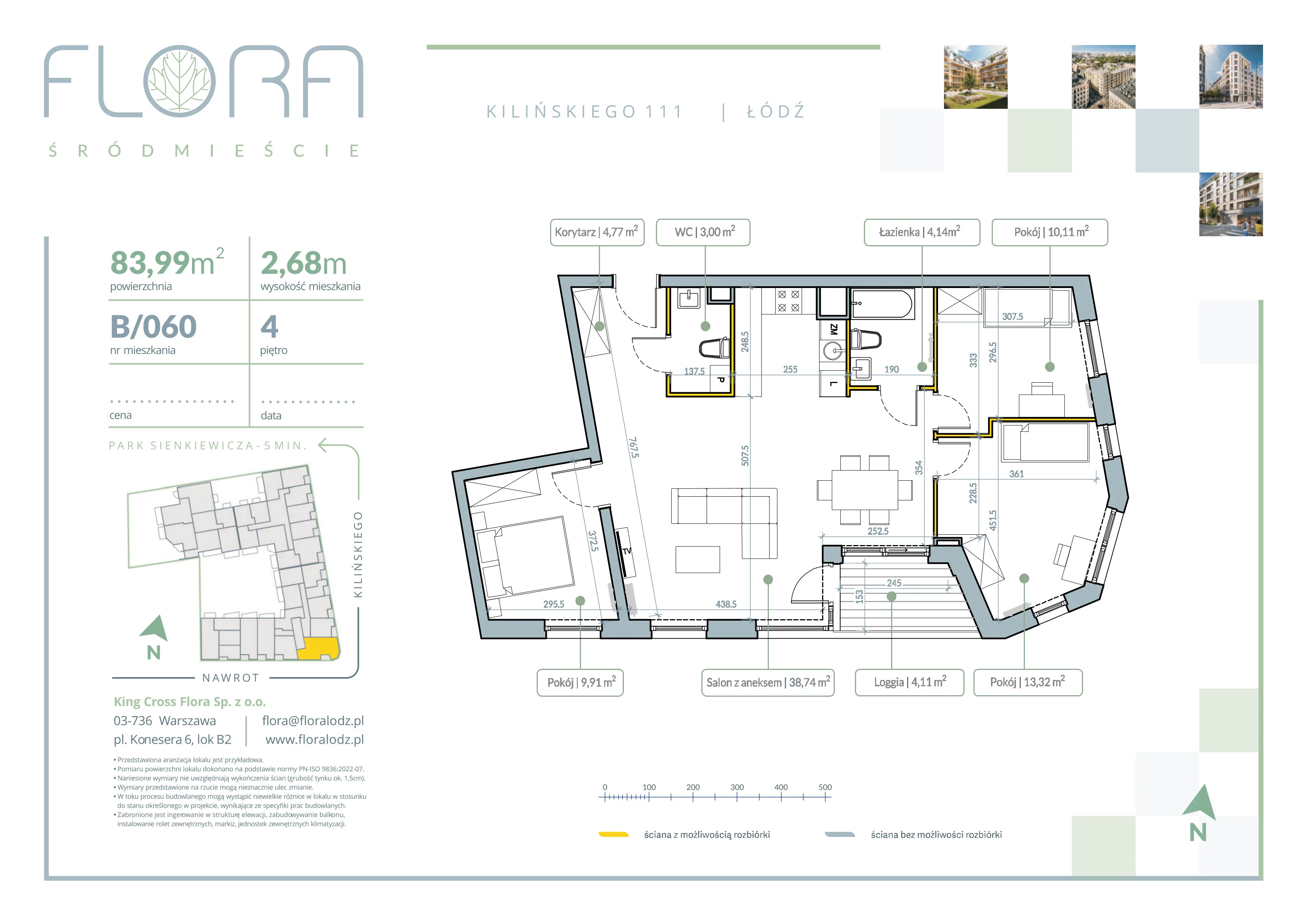 4 pokoje, mieszkanie 83,99 m², piętro 4, oferta nr 60, Flora Śródmieście, Łódź, Śródmieście, ul. płk. Jana Kilińskiego 111