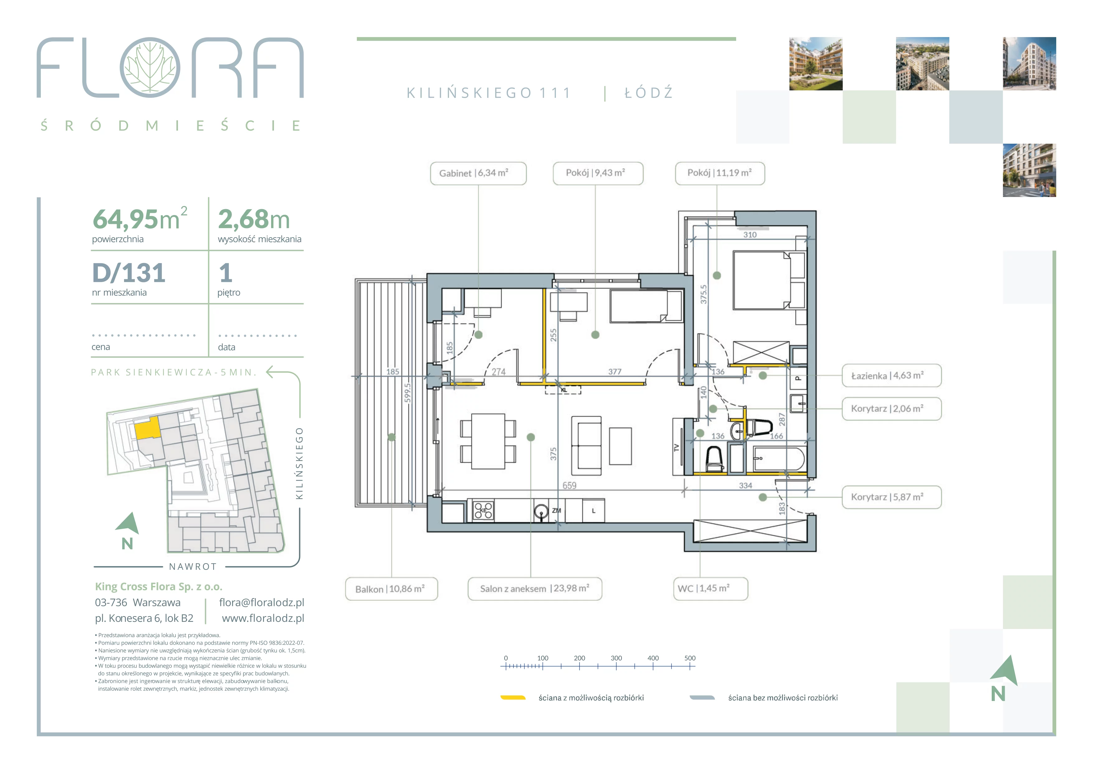 4 pokoje, mieszkanie 64,95 m², piętro 1, oferta nr 131, Flora Śródmieście, Łódź, Śródmieście, ul. płk. Jana Kilińskiego 111