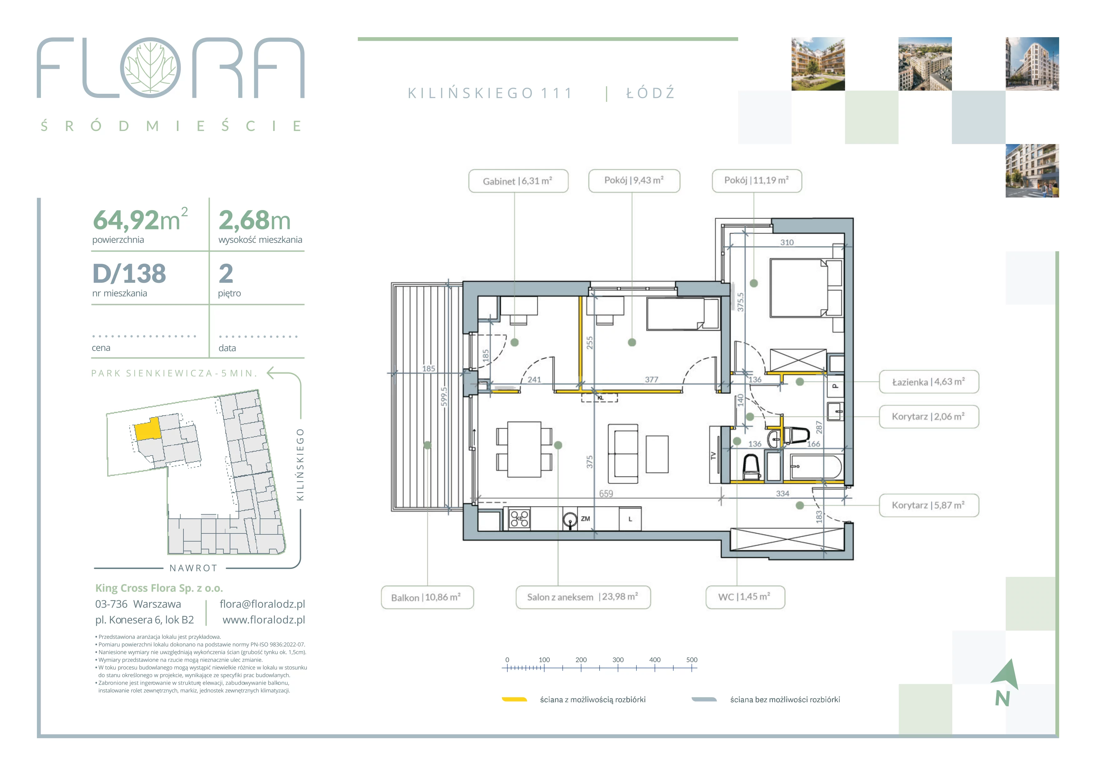 4 pokoje, mieszkanie 64,92 m², piętro 2, oferta nr 138, Flora Śródmieście, Łódź, Śródmieście, ul. płk. Jana Kilińskiego 111