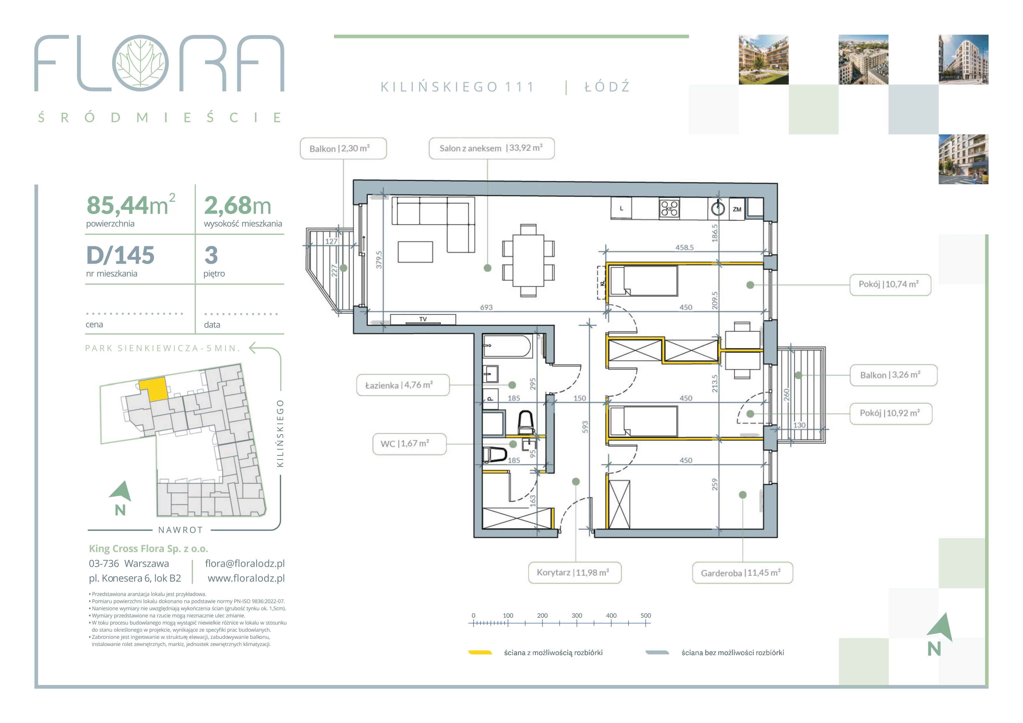 4 pokoje, mieszkanie 85,44 m², piętro 3, oferta nr 145, Flora Śródmieście, Łódź, Śródmieście, ul. płk. Jana Kilińskiego 111