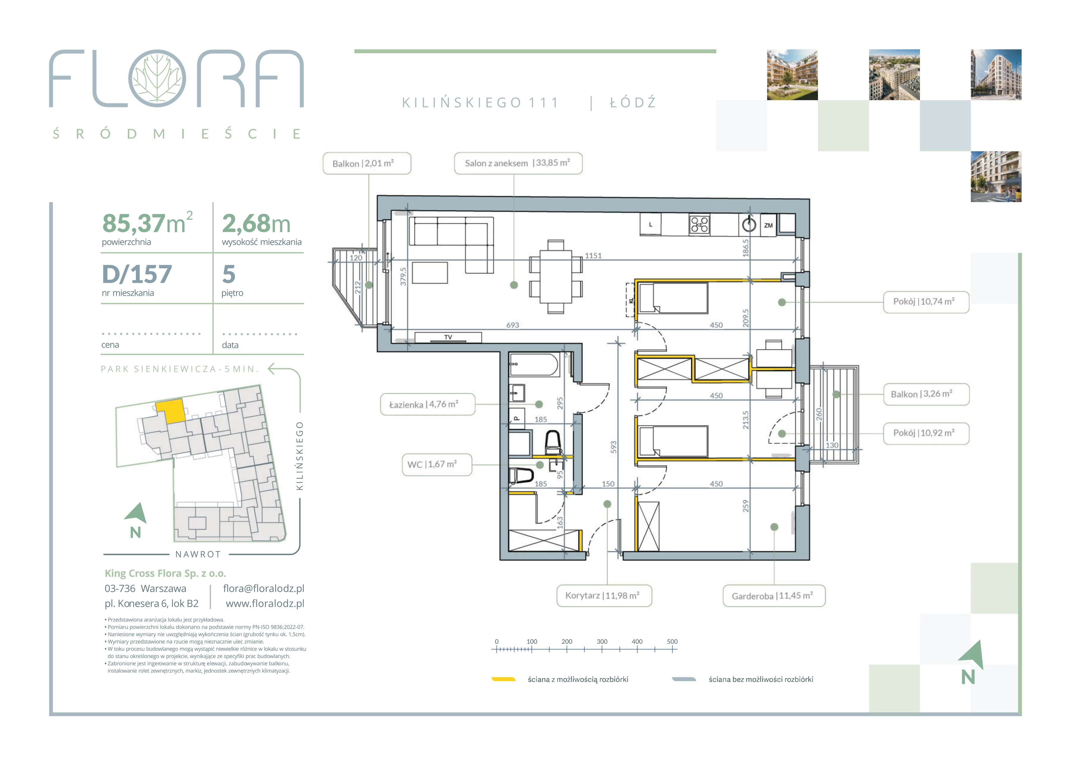 4 pokoje, mieszkanie 85,37 m², piętro 5, oferta nr 157, Flora Śródmieście, Łódź, Śródmieście, ul. płk. Jana Kilińskiego 111