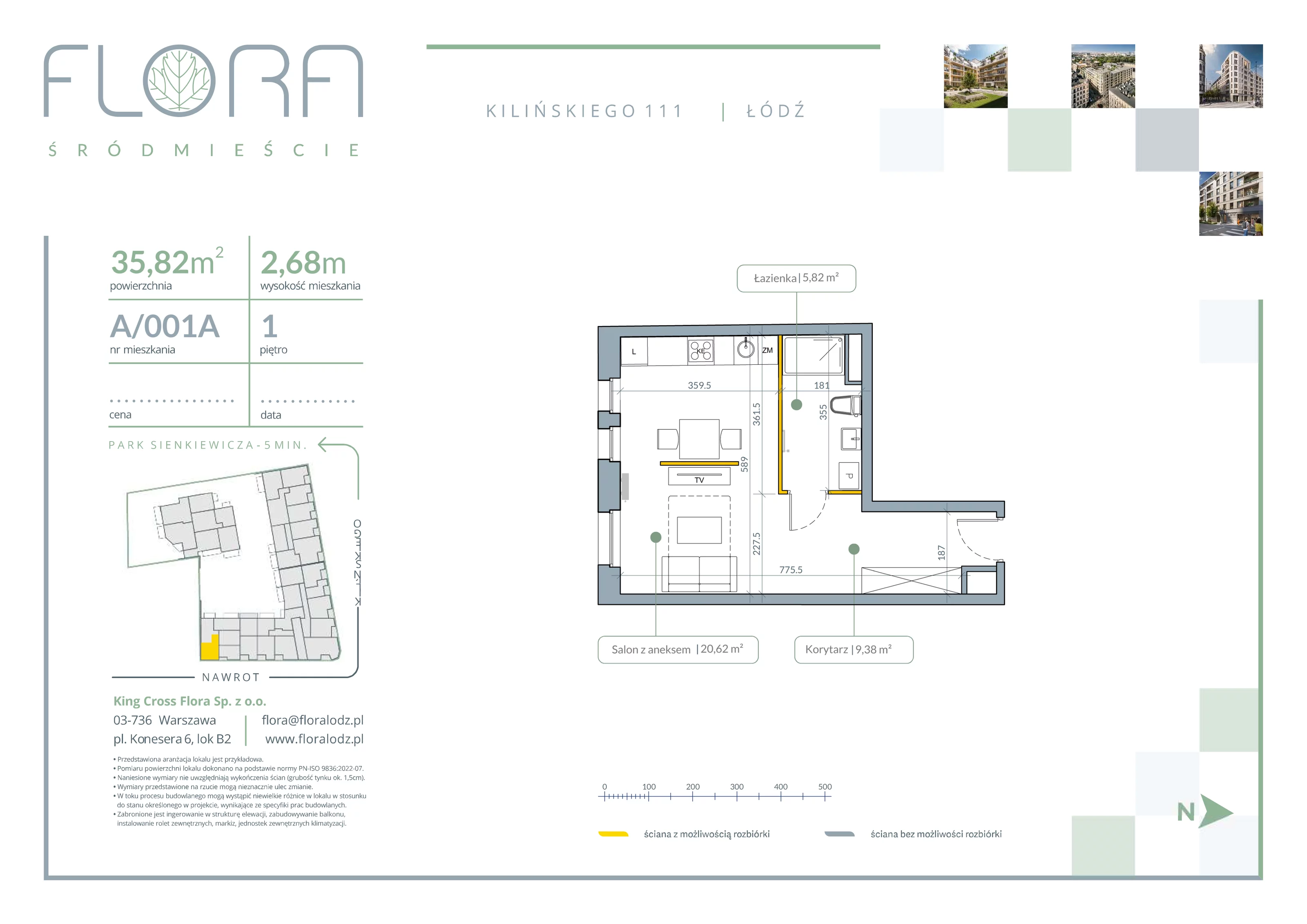 1 pokój, apartament 35,82 m², piętro 1, oferta nr 1A, Flora Śródmieście, Łódź, Śródmieście, ul. płk. Jana Kilińskiego 111