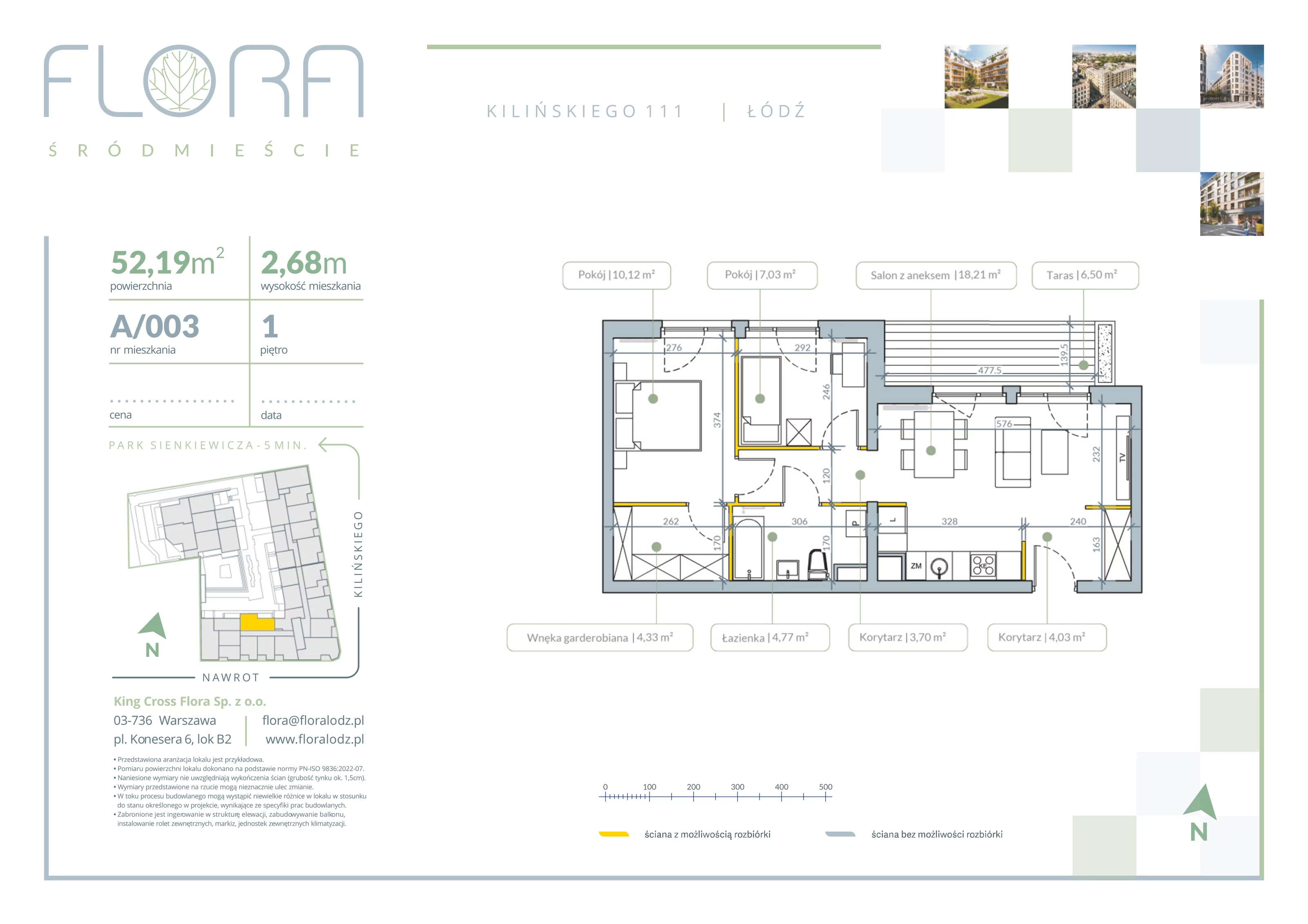 3 pokoje, apartament 52,19 m², piętro 1, oferta nr 3, Flora Śródmieście, Łódź, Śródmieście, ul. płk. Jana Kilińskiego 111