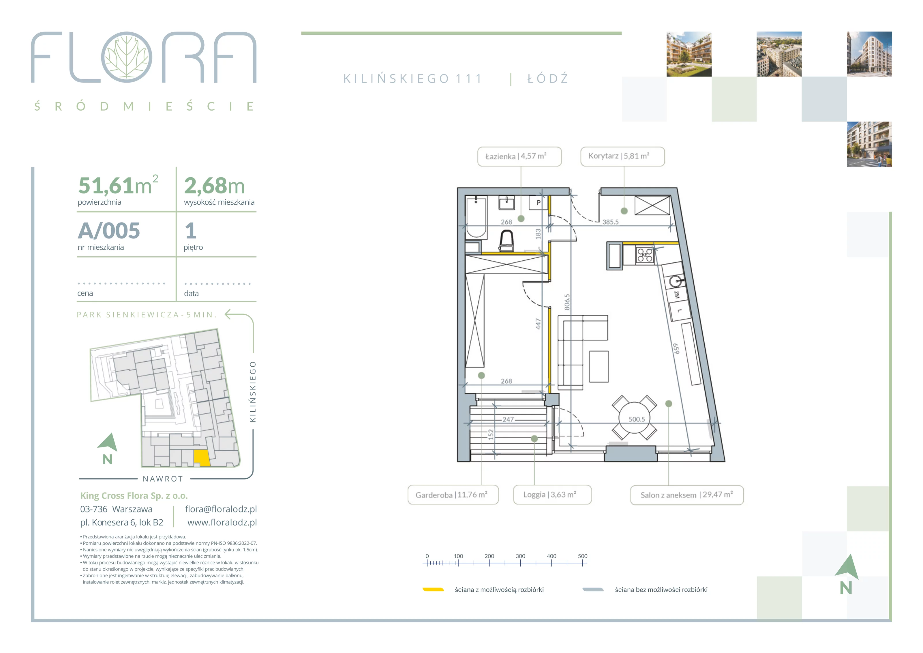 2 pokoje, apartament 51,61 m², piętro 1, oferta nr 5, Flora Śródmieście, Łódź, Śródmieście, ul. płk. Jana Kilińskiego 111