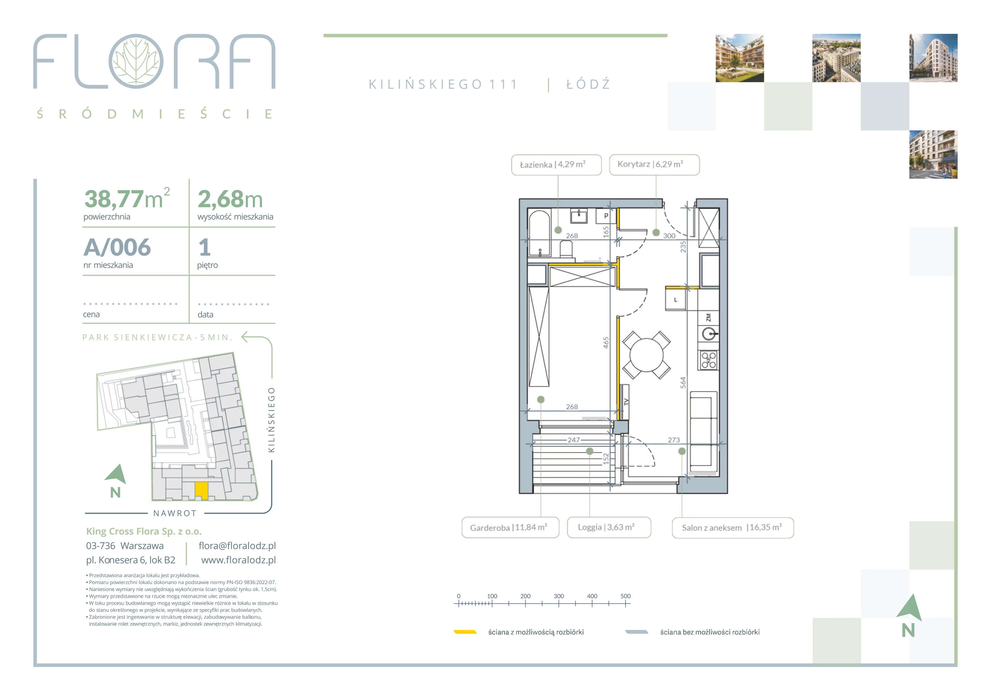 2 pokoje, apartament 38,77 m², piętro 1, oferta nr 6, Flora Śródmieście, Łódź, Śródmieście, ul. płk. Jana Kilińskiego 111