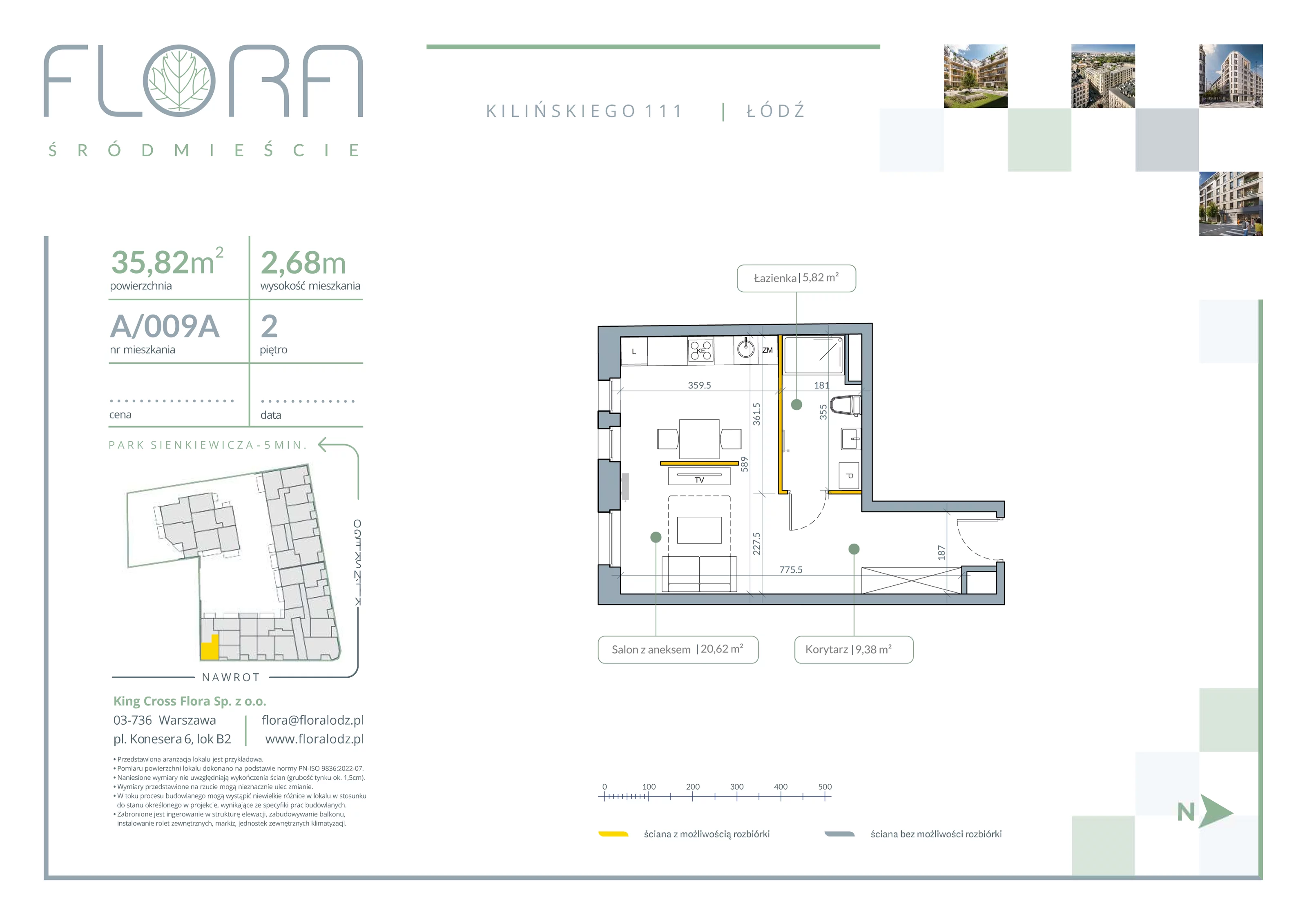 1 pokój, apartament 35,82 m², piętro 2, oferta nr 9A, Flora Śródmieście, Łódź, Śródmieście, ul. płk. Jana Kilińskiego 111