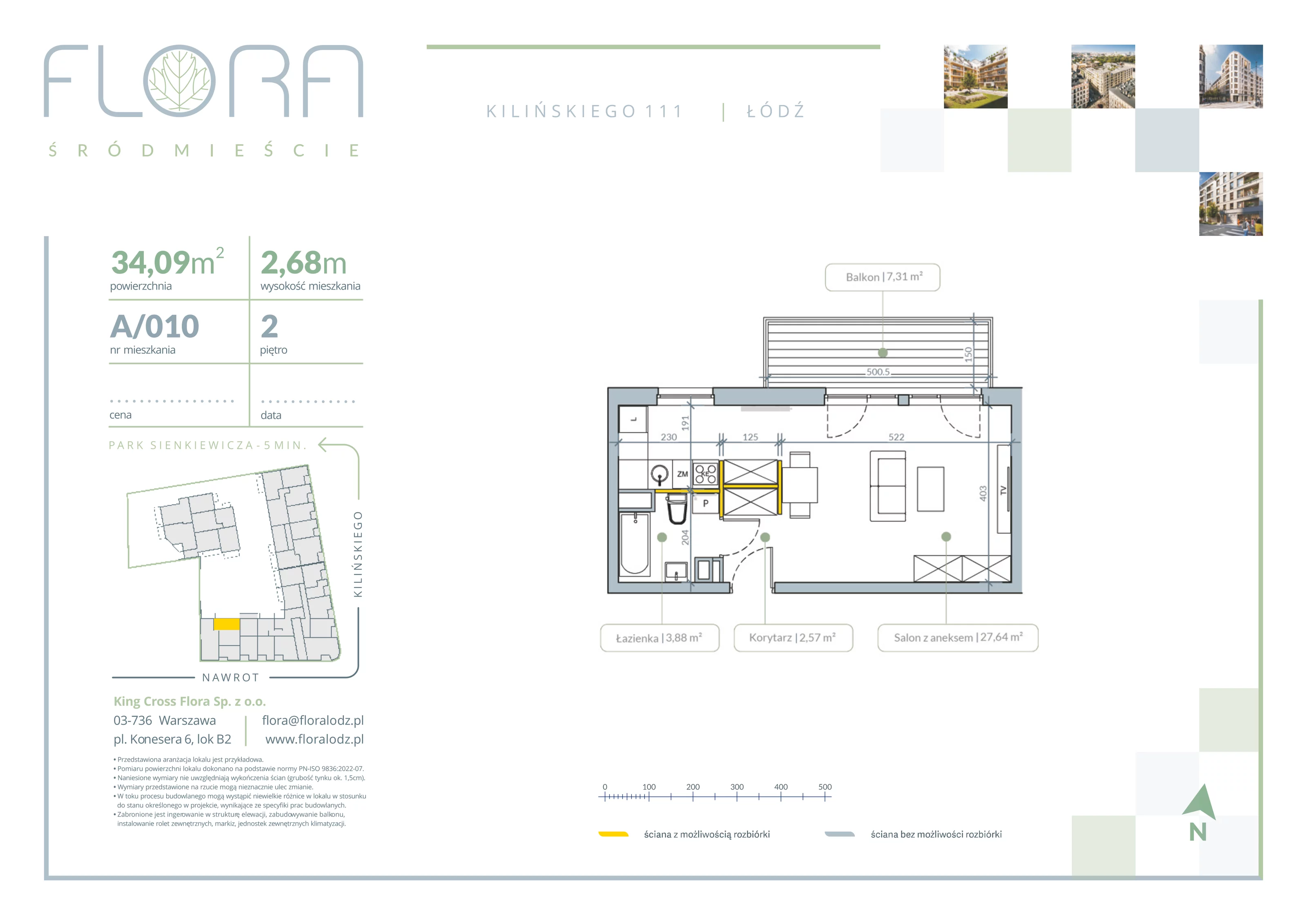 1 pokój, apartament 34,09 m², piętro 2, oferta nr 10, Flora Śródmieście, Łódź, Śródmieście, ul. płk. Jana Kilińskiego 111