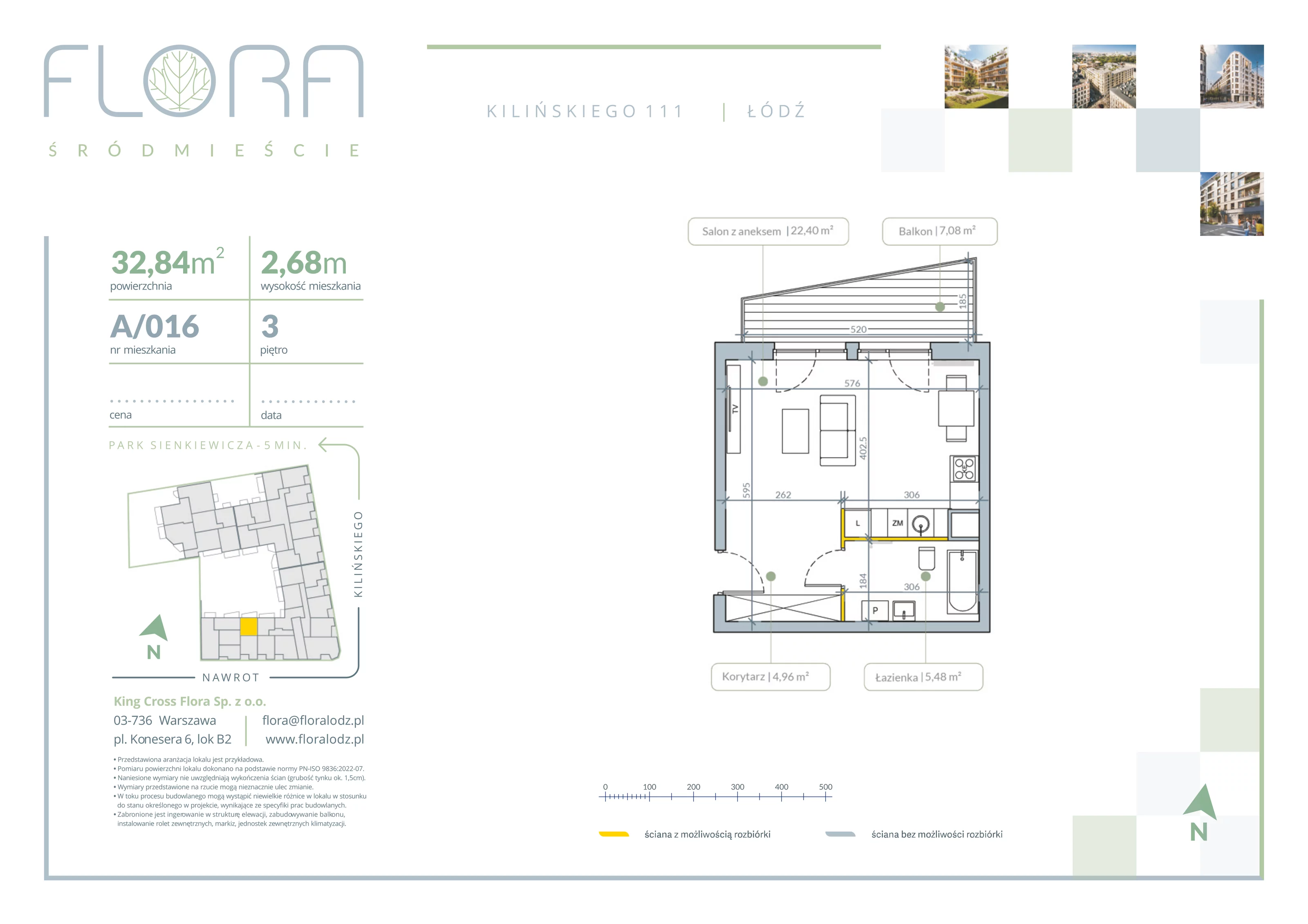 1 pokój, apartament 32,84 m², piętro 3, oferta nr 16, Flora Śródmieście, Łódź, Śródmieście, ul. płk. Jana Kilińskiego 111
