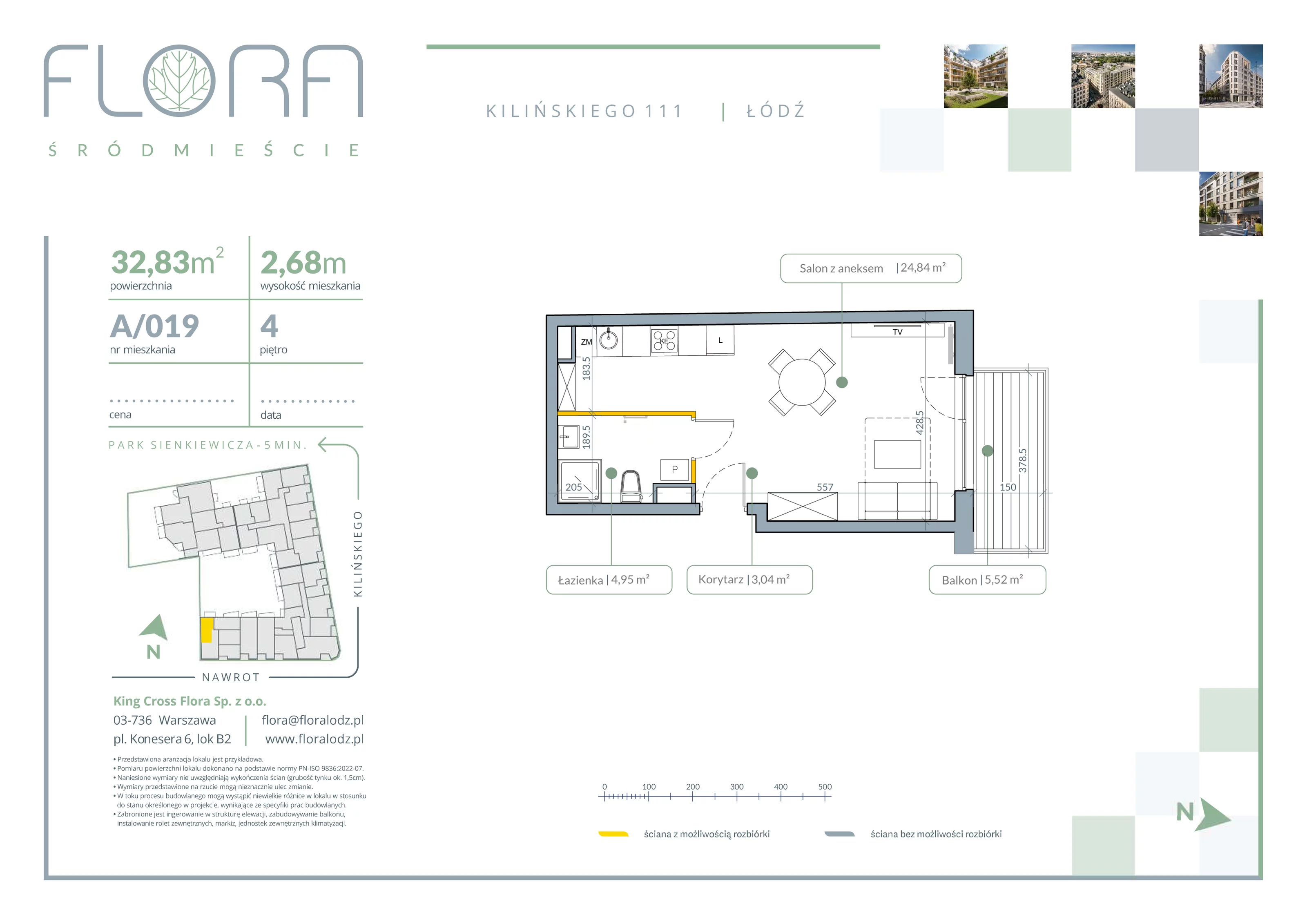 1 pokój, apartament 32,83 m², piętro 4, oferta nr 19, Flora Śródmieście, Łódź, Śródmieście, ul. płk. Jana Kilińskiego 111