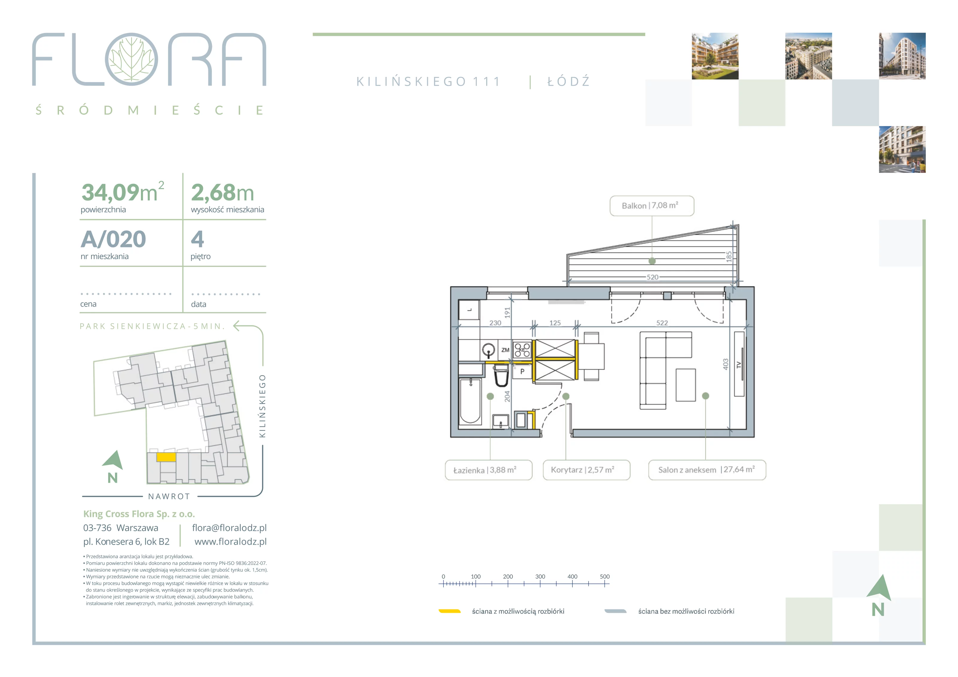 1 pokój, apartament 34,09 m², piętro 4, oferta nr 20, Flora Śródmieście, Łódź, Śródmieście, ul. płk. Jana Kilińskiego 111