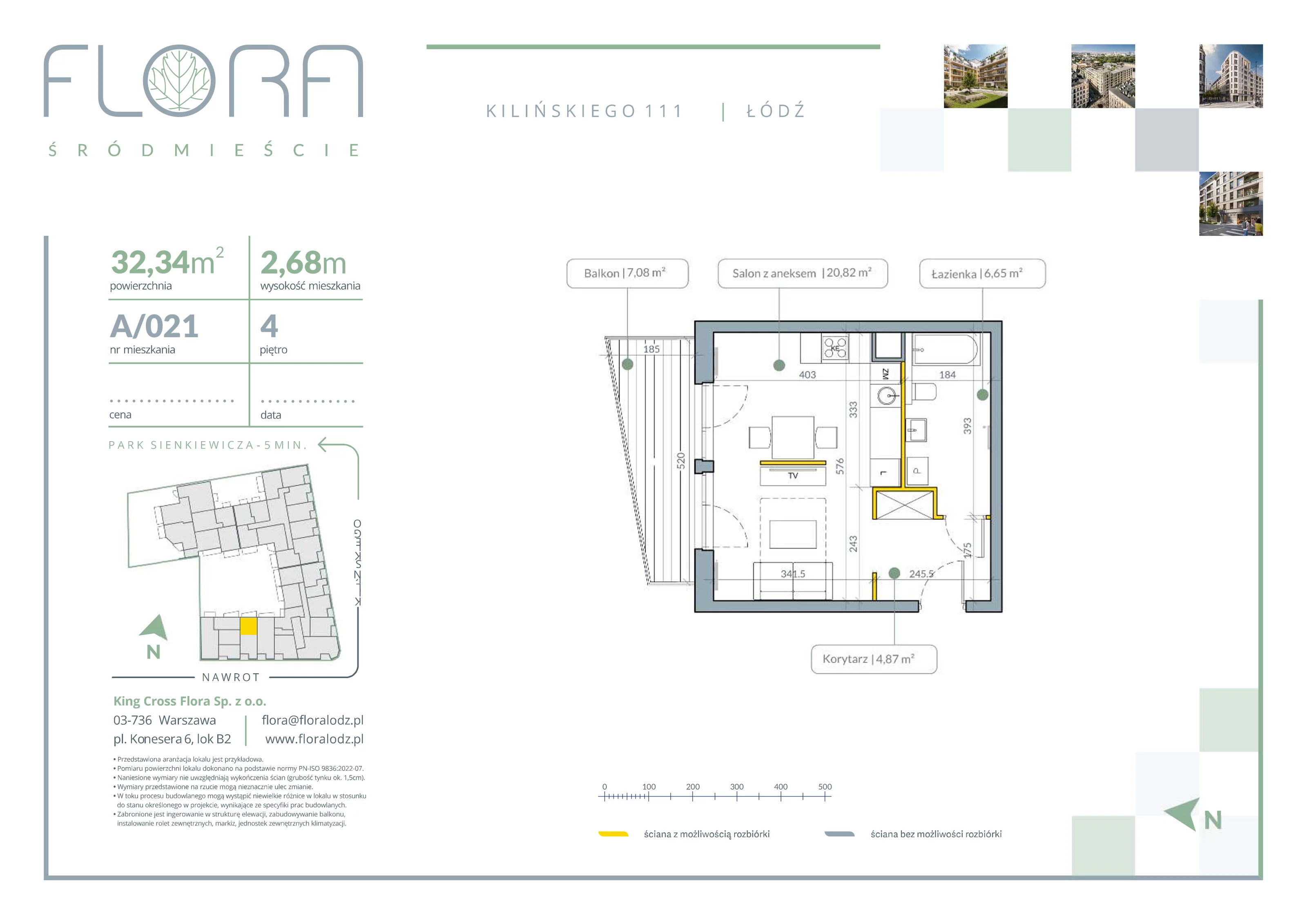 1 pokój, apartament 32,56 m², piętro 4, oferta nr 21, Flora Śródmieście, Łódź, Śródmieście, ul. płk. Jana Kilińskiego 111