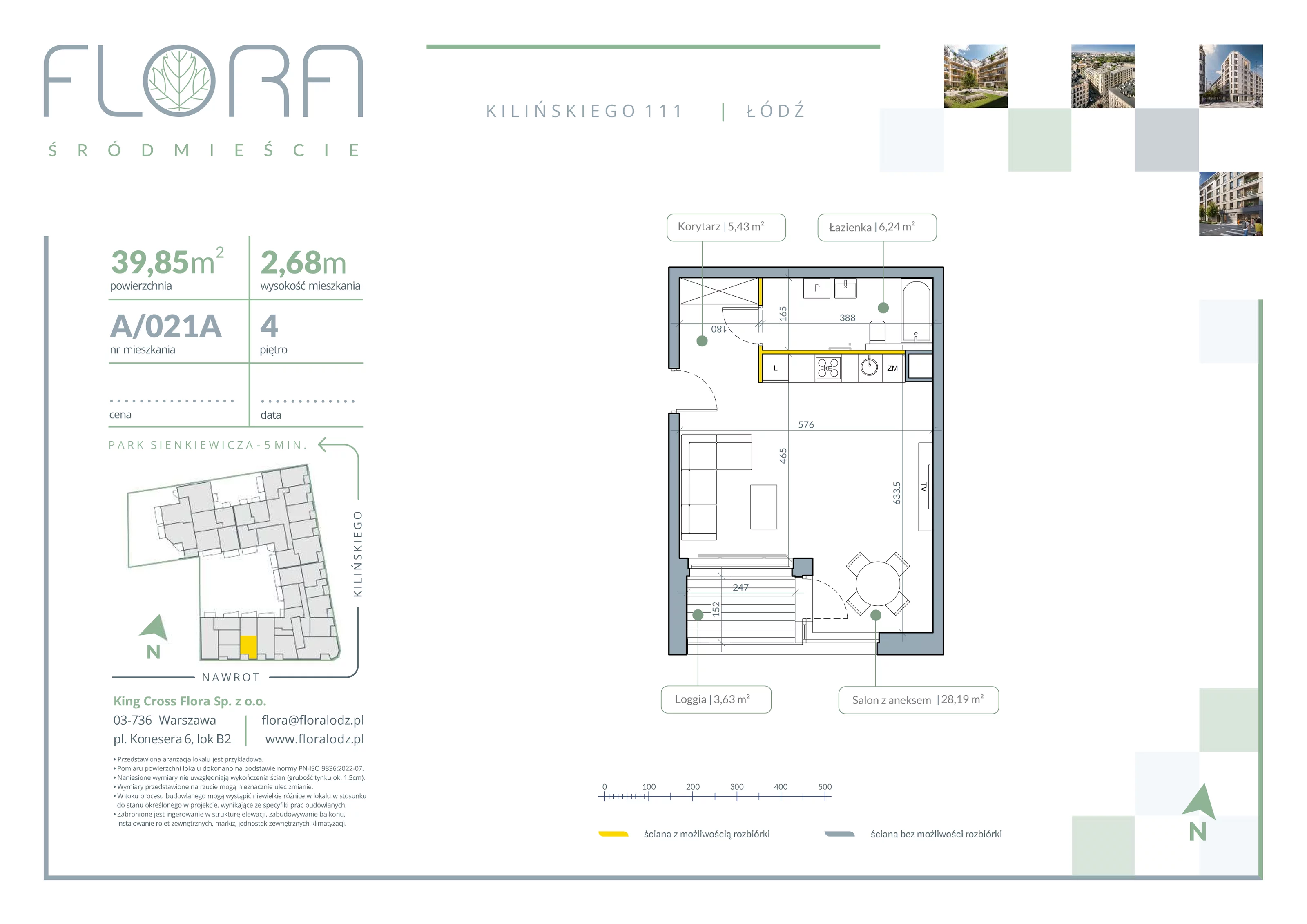 1 pokój, apartament 39,85 m², piętro 4, oferta nr 21A, Flora Śródmieście, Łódź, Śródmieście, ul. płk. Jana Kilińskiego 111