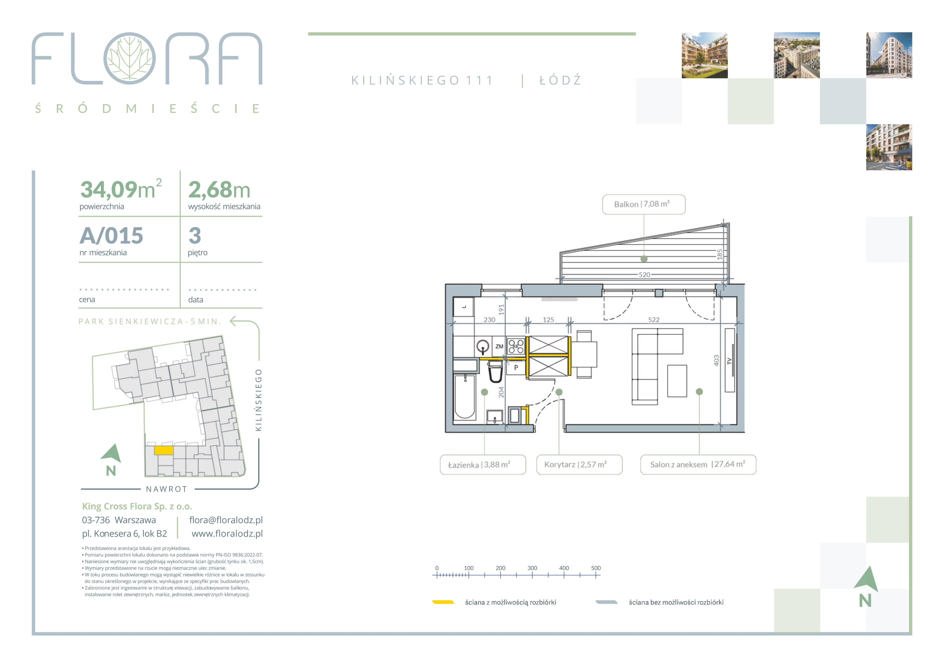 1 pokój, apartament 34,09 m², piętro 3, oferta nr 15, Flora Śródmieście, Łódź, Śródmieście, ul. płk. Jana Kilińskiego 111