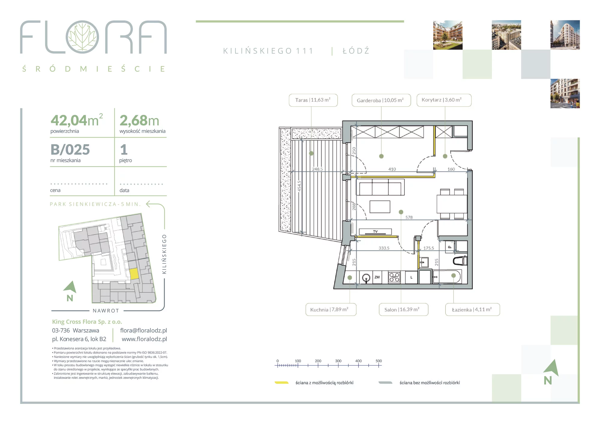 2 pokoje, apartament 42,04 m², piętro 1, oferta nr 25, Flora Śródmieście, Łódź, Śródmieście, ul. płk. Jana Kilińskiego 111