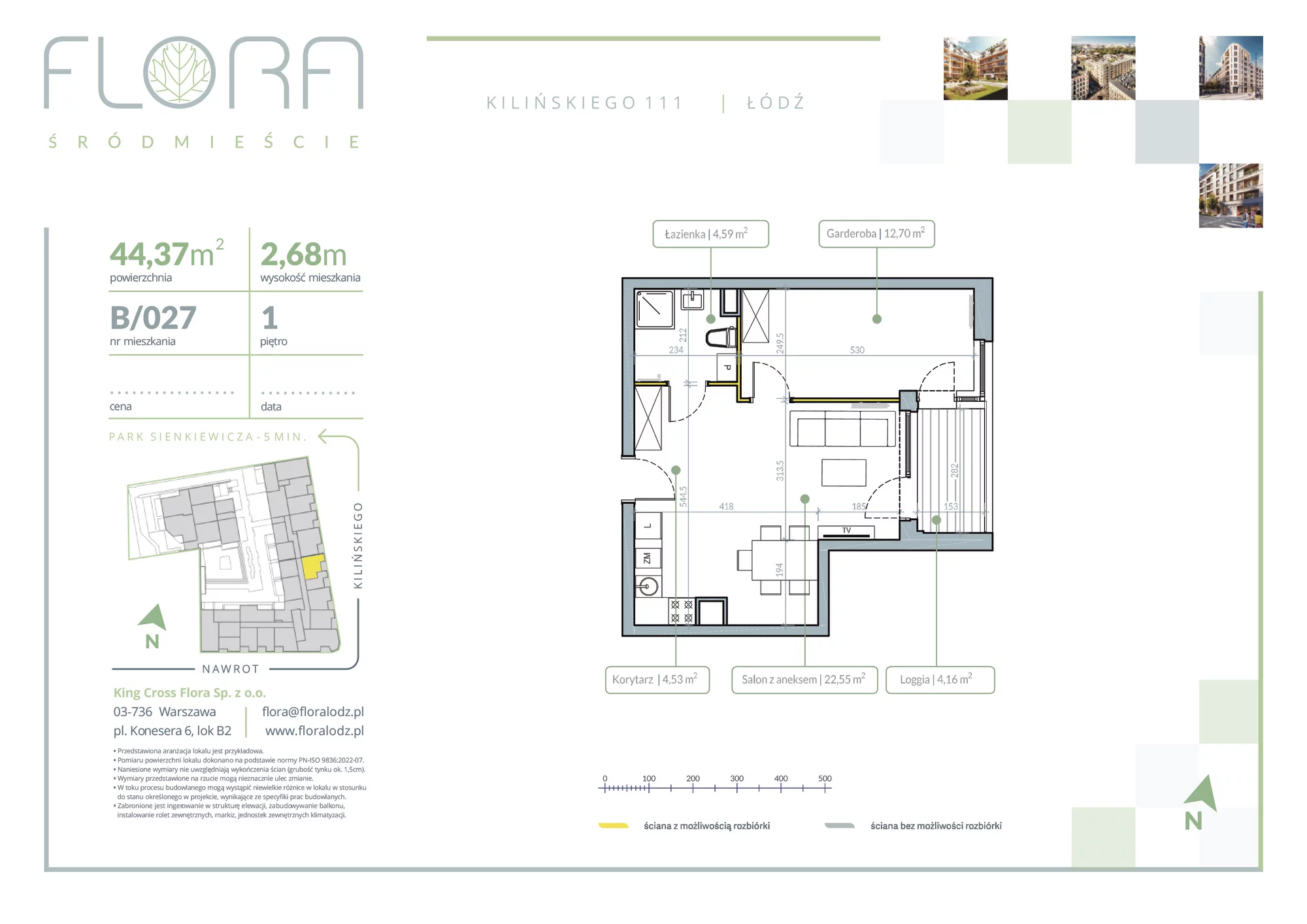 2 pokoje, apartament 44,37 m², piętro 1, oferta nr 27, Flora Śródmieście, Łódź, Śródmieście, ul. płk. Jana Kilińskiego 111