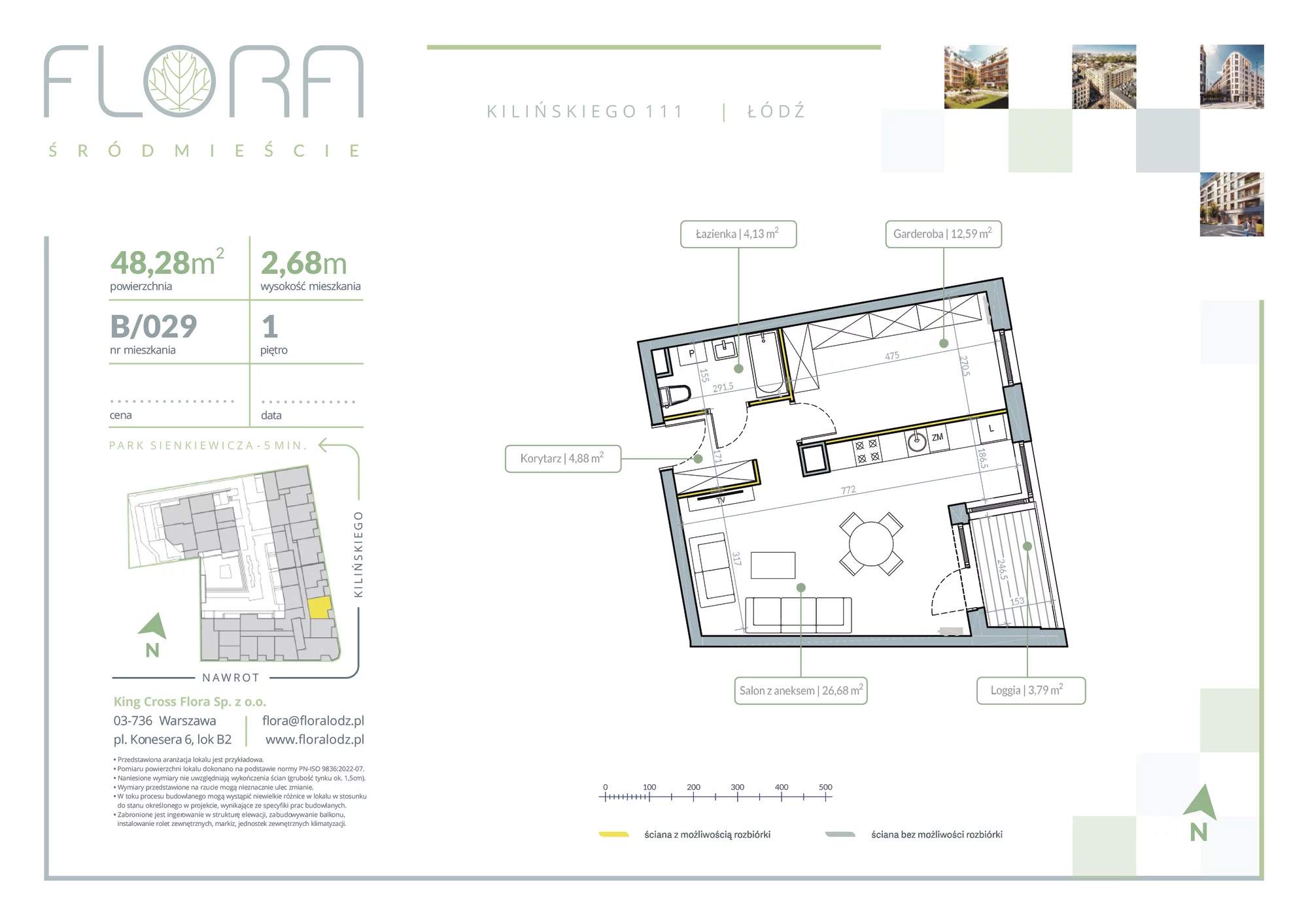 2 pokoje, apartament 48,28 m², piętro 1, oferta nr 29, Flora Śródmieście, Łódź, Śródmieście, ul. płk. Jana Kilińskiego 111