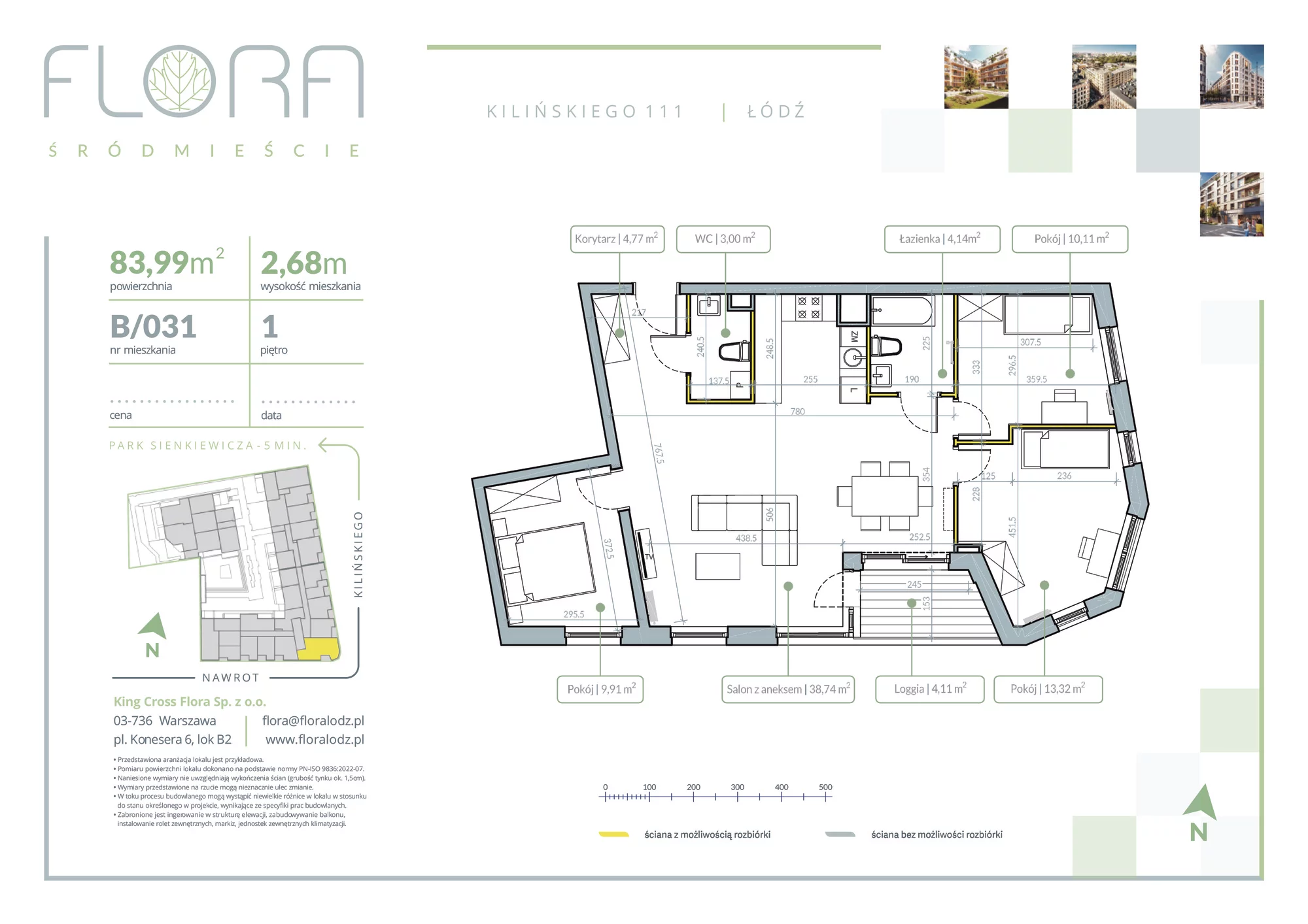 4 pokoje, apartament 83,99 m², piętro 1, oferta nr 31, Flora Śródmieście, Łódź, Śródmieście, ul. płk. Jana Kilińskiego 111