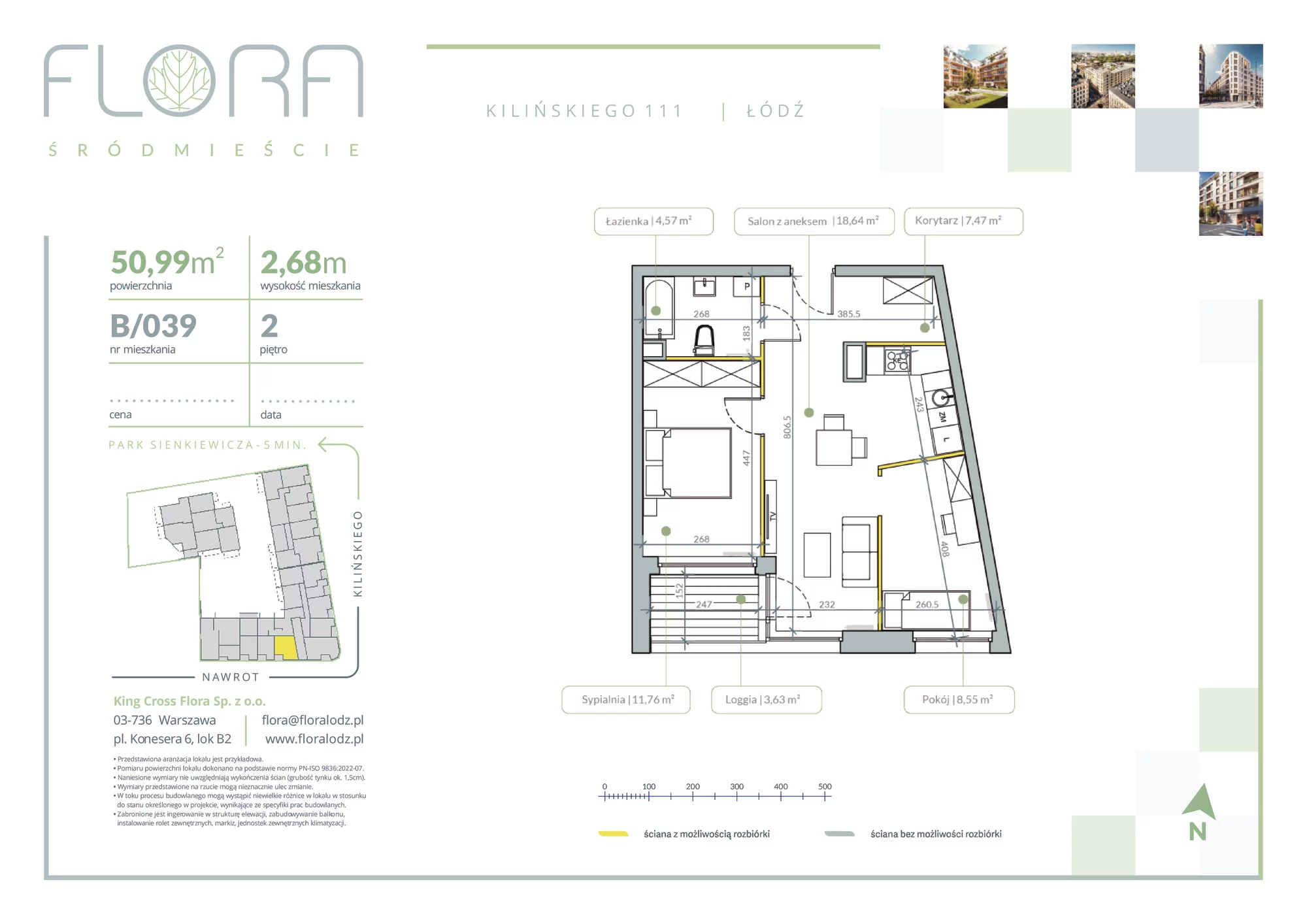 3 pokoje, apartament 50,99 m², piętro 2, oferta nr 39, Flora Śródmieście, Łódź, Śródmieście, ul. płk. Jana Kilińskiego 111