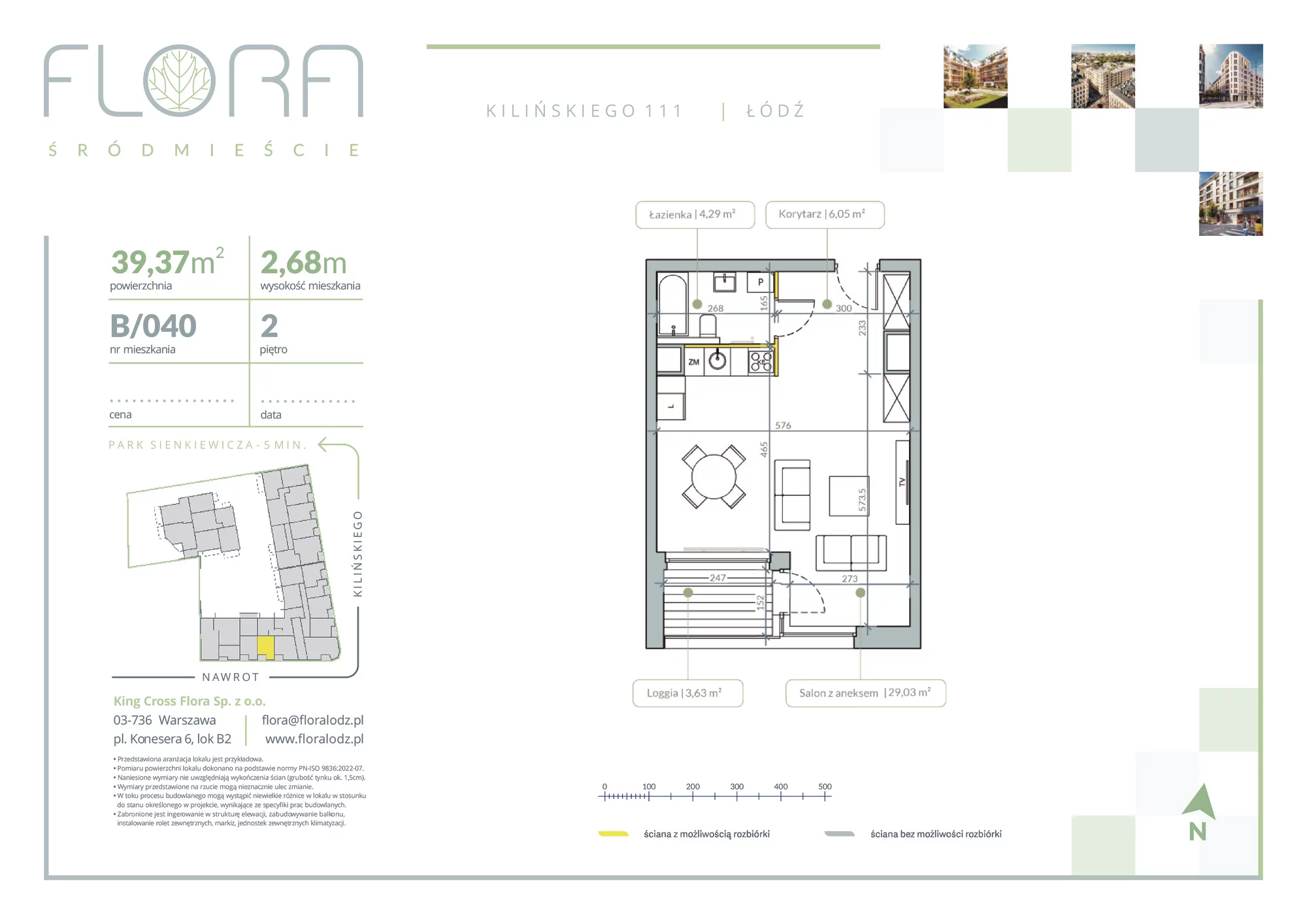 1 pokój, apartament 39,37 m², piętro 2, oferta nr 40, Flora Śródmieście, Łódź, Śródmieście, ul. płk. Jana Kilińskiego 111