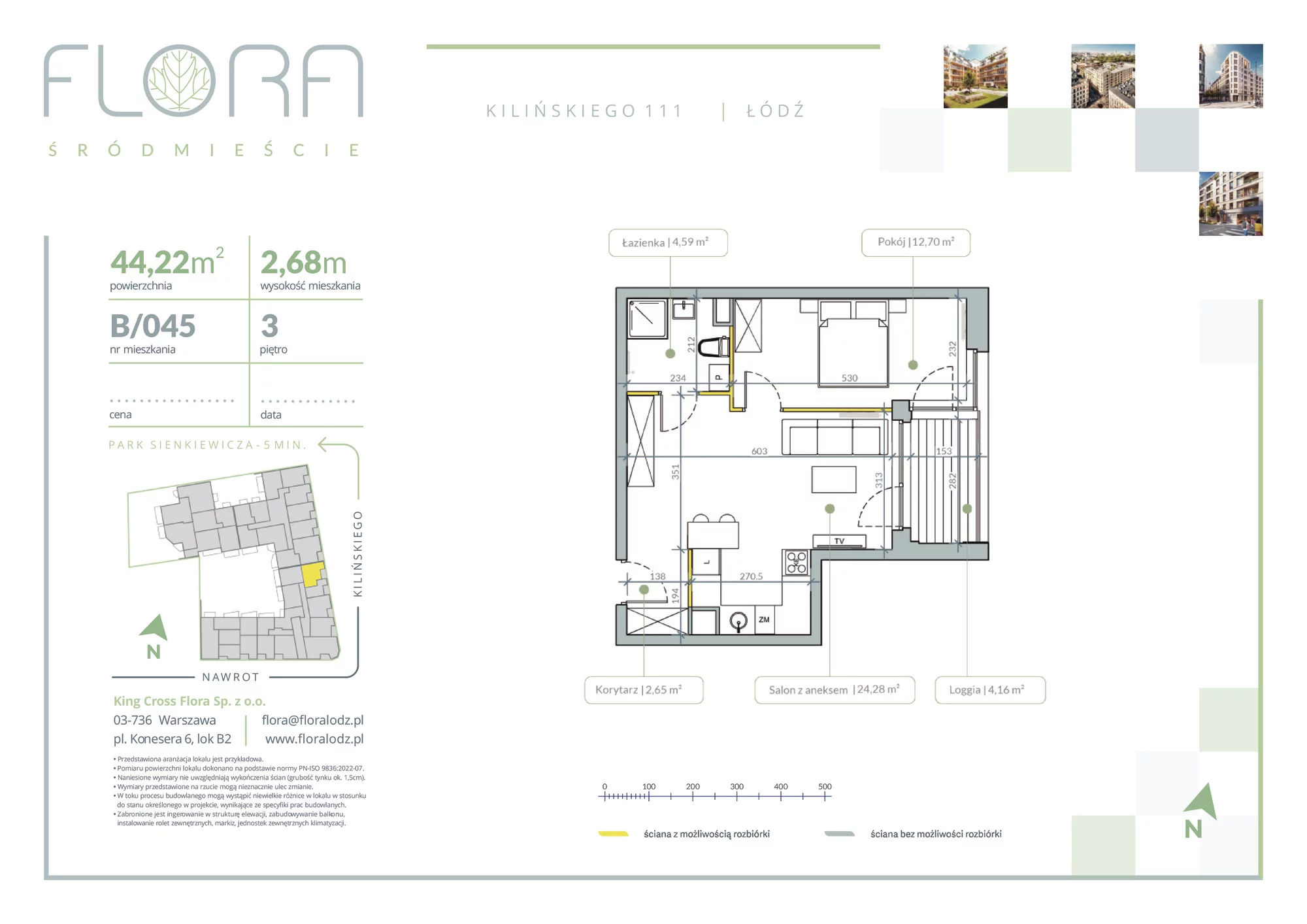 2 pokoje, apartament 44,22 m², piętro 3, oferta nr 45, Flora Śródmieście, Łódź, Śródmieście, ul. płk. Jana Kilińskiego 111