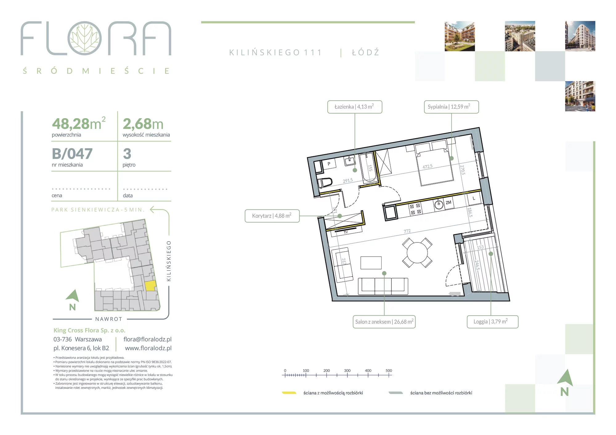 2 pokoje, apartament 48,28 m², piętro 3, oferta nr 47, Flora Śródmieście, Łódź, Śródmieście, ul. płk. Jana Kilińskiego 111