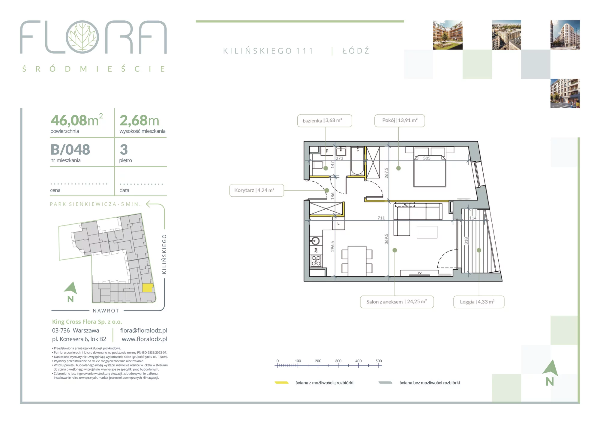 2 pokoje, apartament 46,08 m², piętro 3, oferta nr 48, Flora Śródmieście, Łódź, Śródmieście, ul. płk. Jana Kilińskiego 111