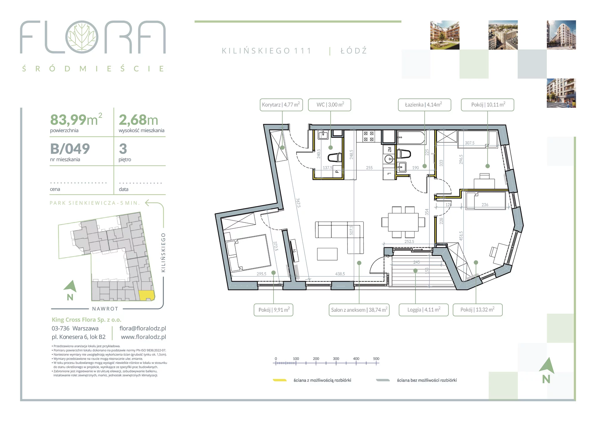 4 pokoje, apartament 83,99 m², piętro 3, oferta nr 49, Flora Śródmieście, Łódź, Śródmieście, ul. płk. Jana Kilińskiego 111