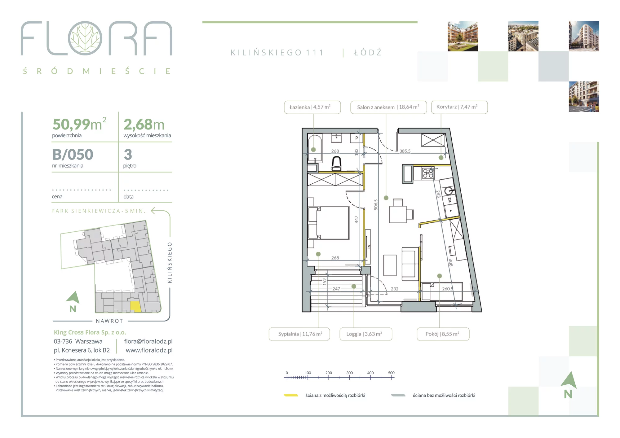 3 pokoje, apartament 50,99 m², piętro 3, oferta nr 50, Flora Śródmieście, Łódź, Śródmieście, ul. płk. Jana Kilińskiego 111