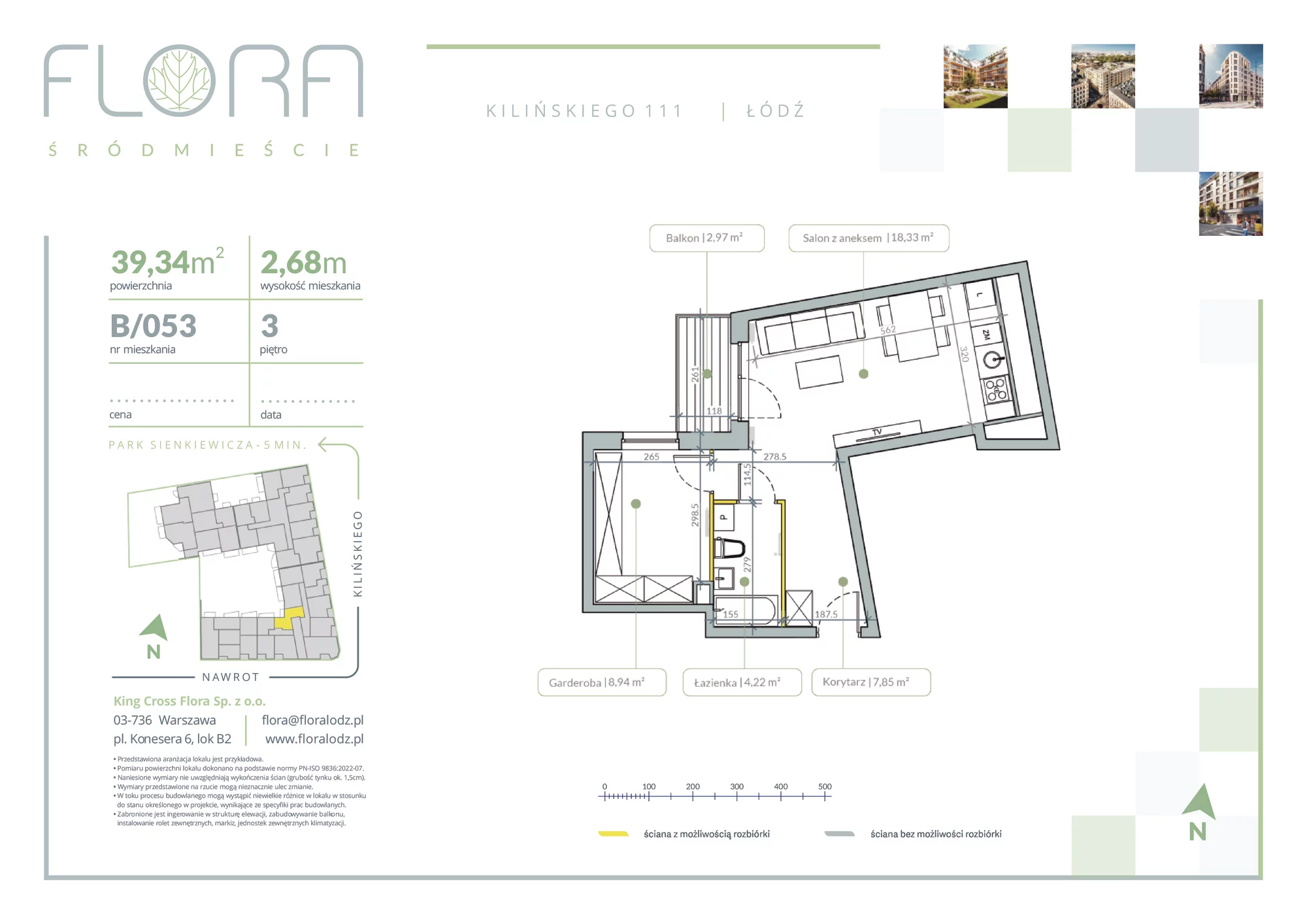 2 pokoje, apartament 39,34 m², piętro 3, oferta nr 53, Flora Śródmieście, Łódź, Śródmieście, ul. płk. Jana Kilińskiego 111