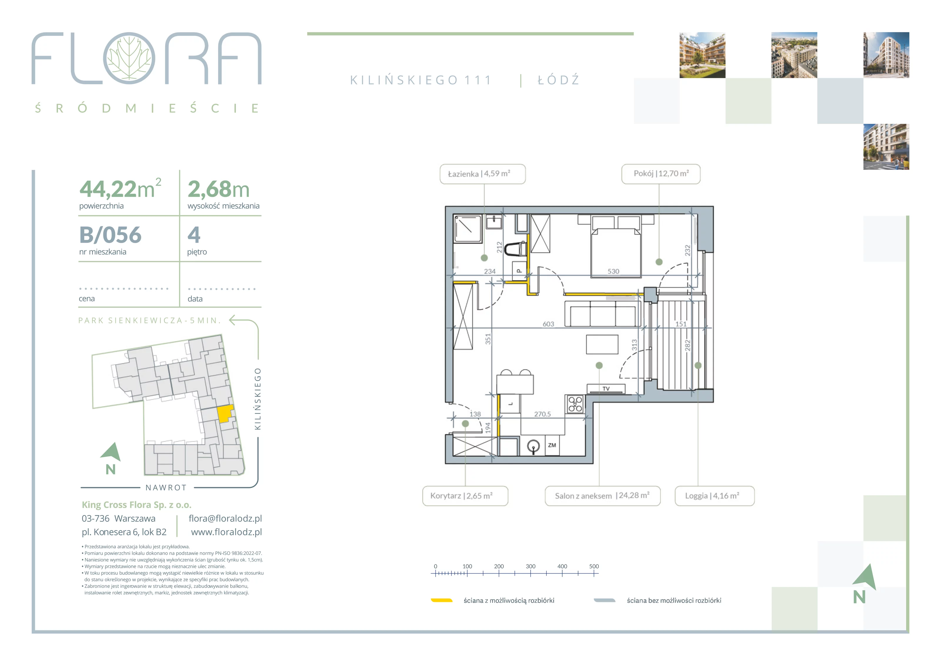 2 pokoje, apartament 44,22 m², piętro 4, oferta nr 56, Flora Śródmieście, Łódź, Śródmieście, ul. płk. Jana Kilińskiego 111