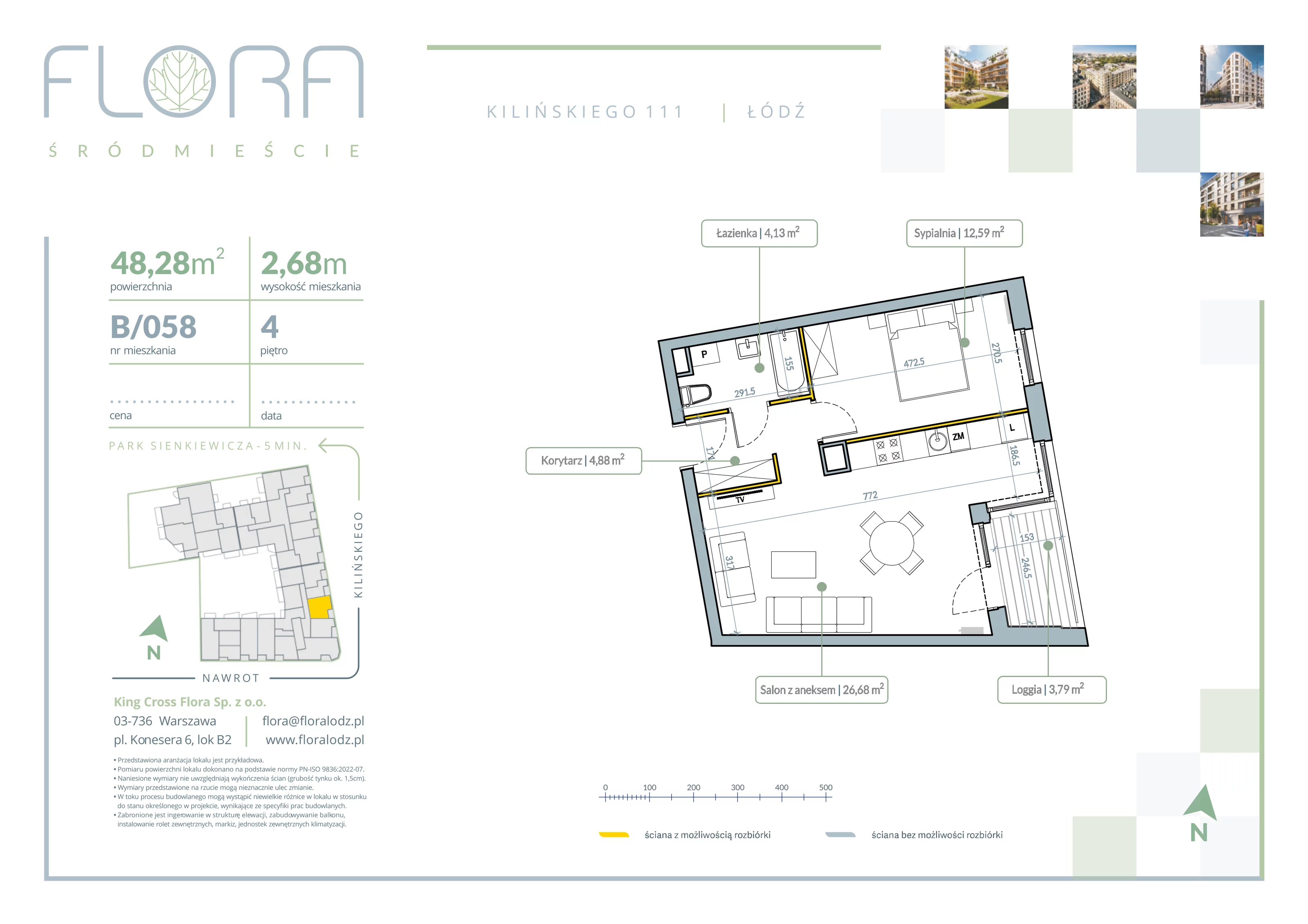 2 pokoje, apartament 48,28 m², piętro 4, oferta nr 58, Flora Śródmieście, Łódź, Śródmieście, ul. płk. Jana Kilińskiego 111