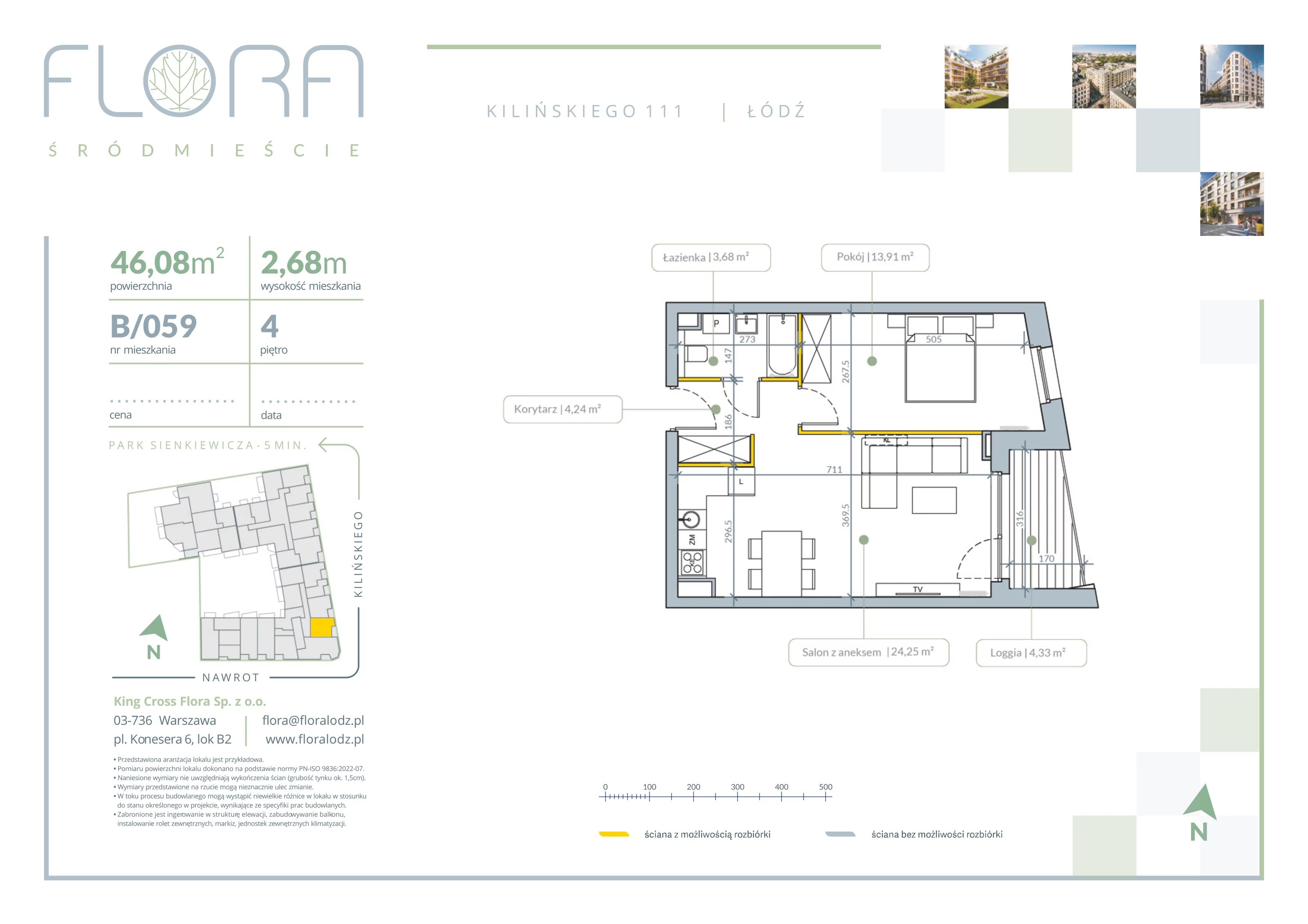 2 pokoje, apartament 46,08 m², piętro 4, oferta nr 59, Flora Śródmieście, Łódź, Śródmieście, ul. płk. Jana Kilińskiego 111