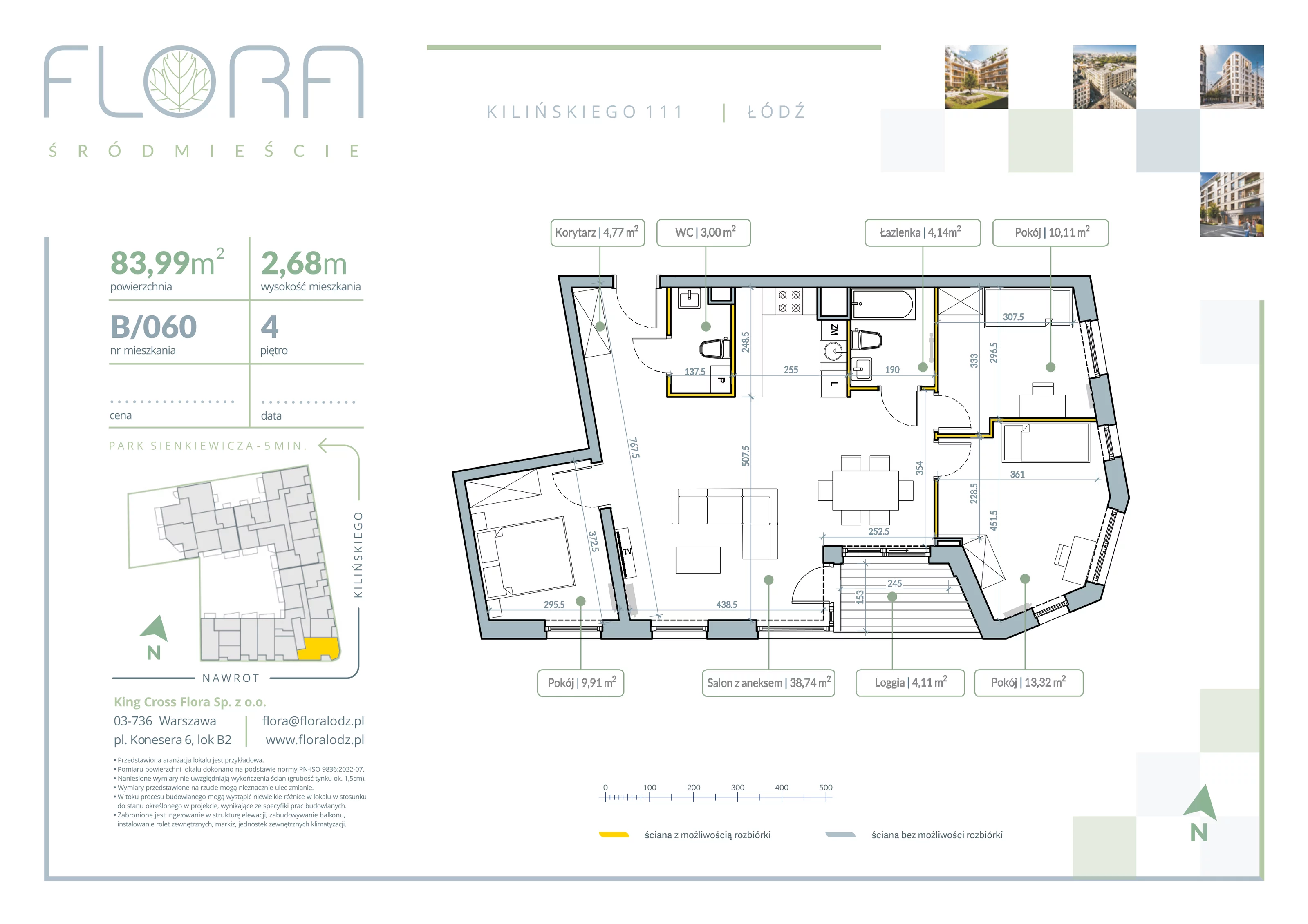 4 pokoje, apartament 83,99 m², piętro 4, oferta nr 60, Flora Śródmieście, Łódź, Śródmieście, ul. płk. Jana Kilińskiego 111