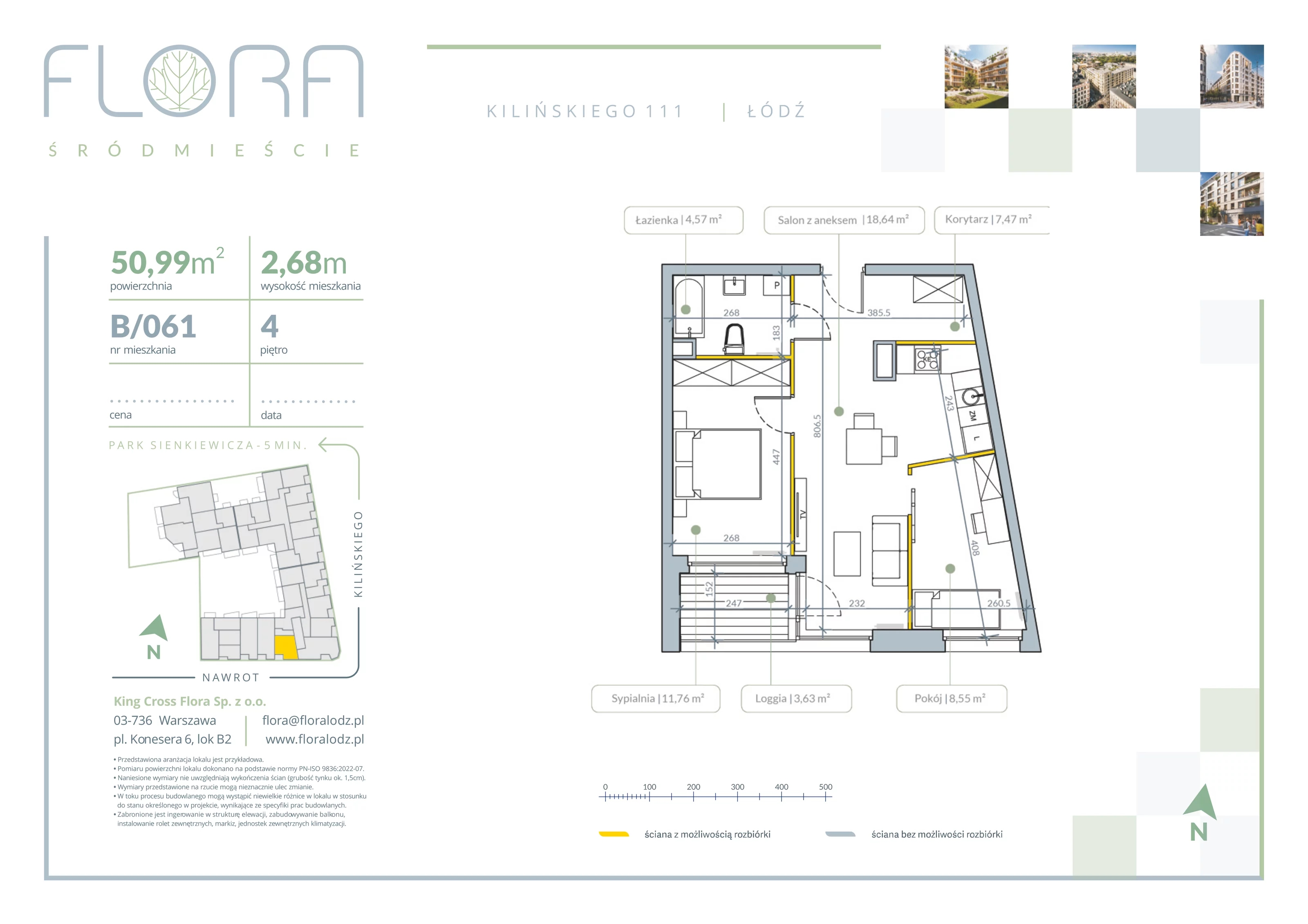 3 pokoje, apartament 50,99 m², piętro 4, oferta nr 61, Flora Śródmieście, Łódź, Śródmieście, ul. płk. Jana Kilińskiego 111