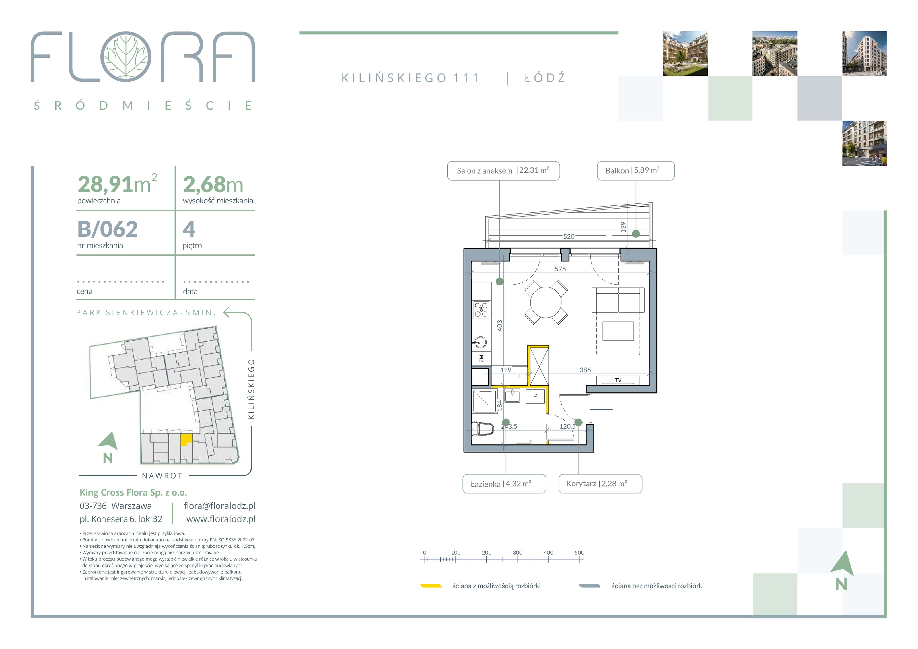1 pokój, apartament 28,91 m², piętro 4, oferta nr 62, Flora Śródmieście, Łódź, Śródmieście, ul. płk. Jana Kilińskiego 111