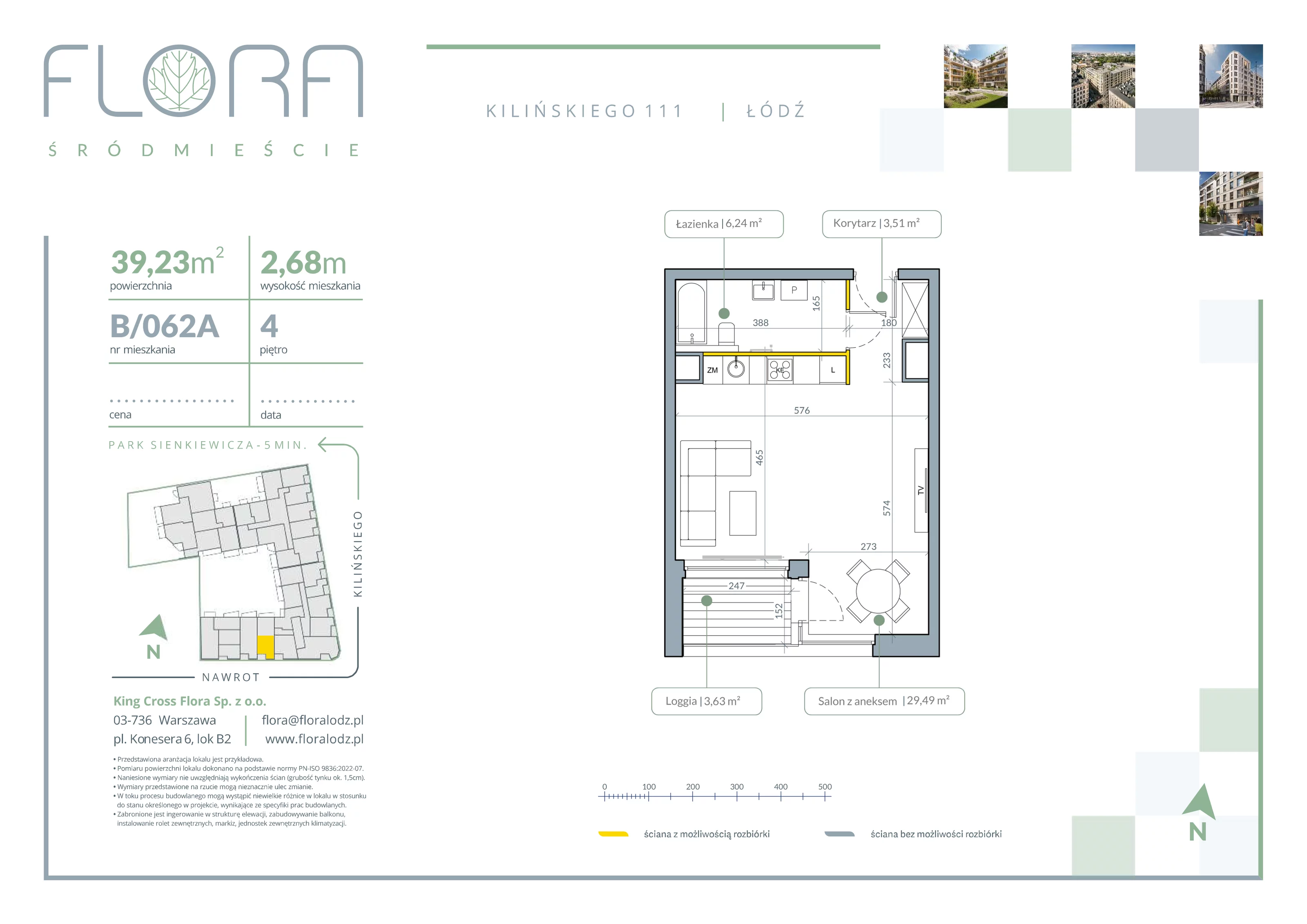 1 pokój, apartament 39,24 m², piętro 4, oferta nr 62A, Flora Śródmieście, Łódź, Śródmieście, ul. płk. Jana Kilińskiego 111