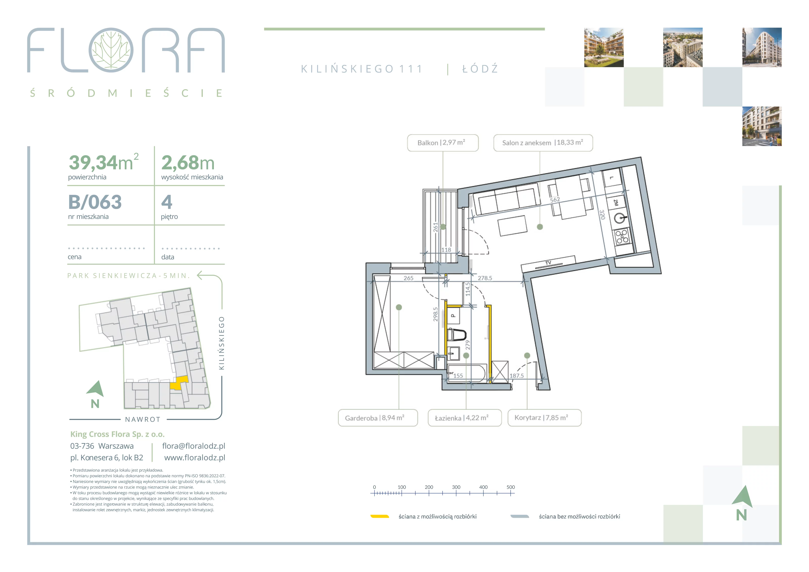 2 pokoje, apartament 39,34 m², piętro 4, oferta nr 63, Flora Śródmieście, Łódź, Śródmieście, ul. płk. Jana Kilińskiego 111